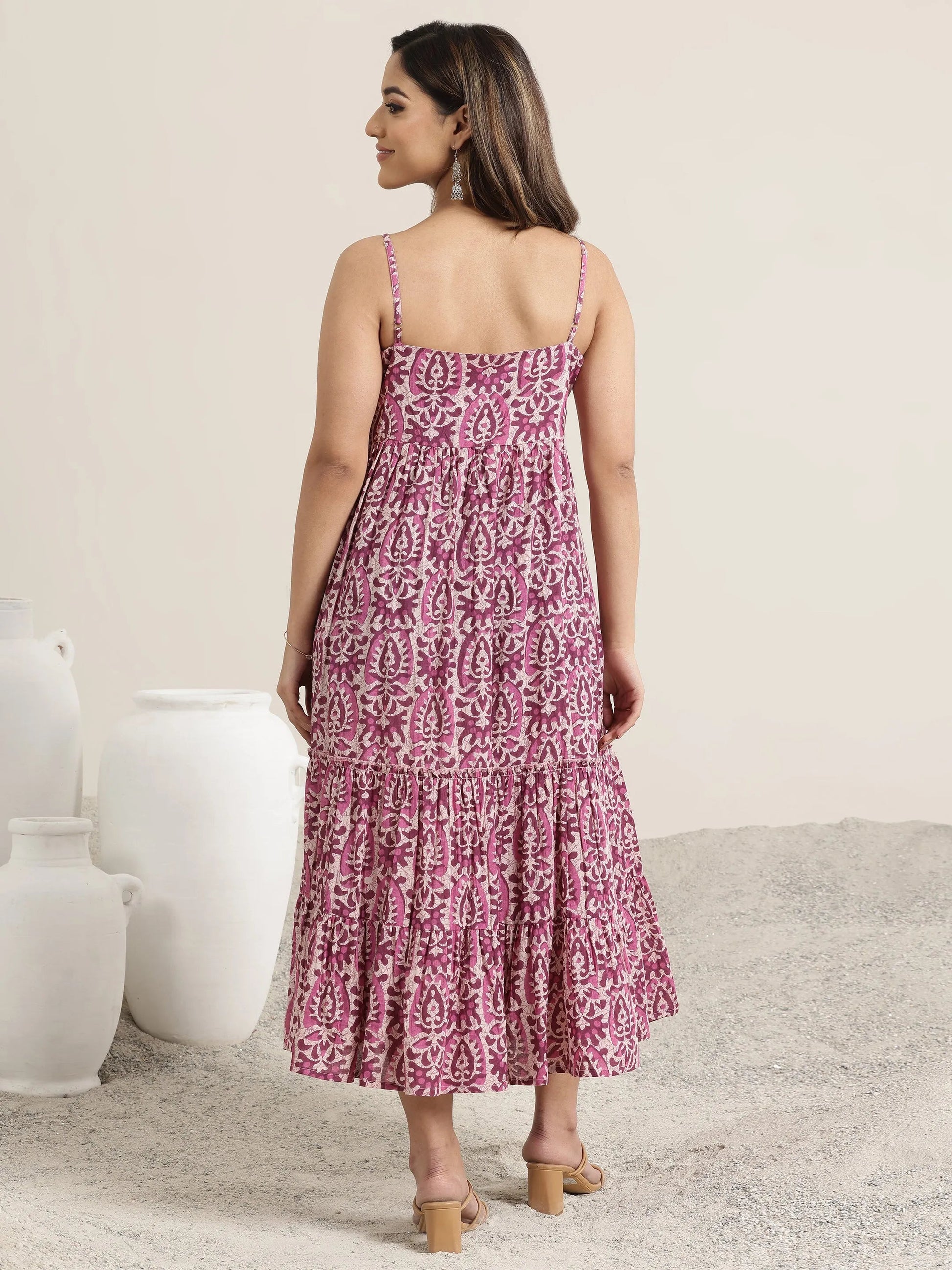 Mauve Printed Cotton Fit and Flare One Piece Dress by My Store