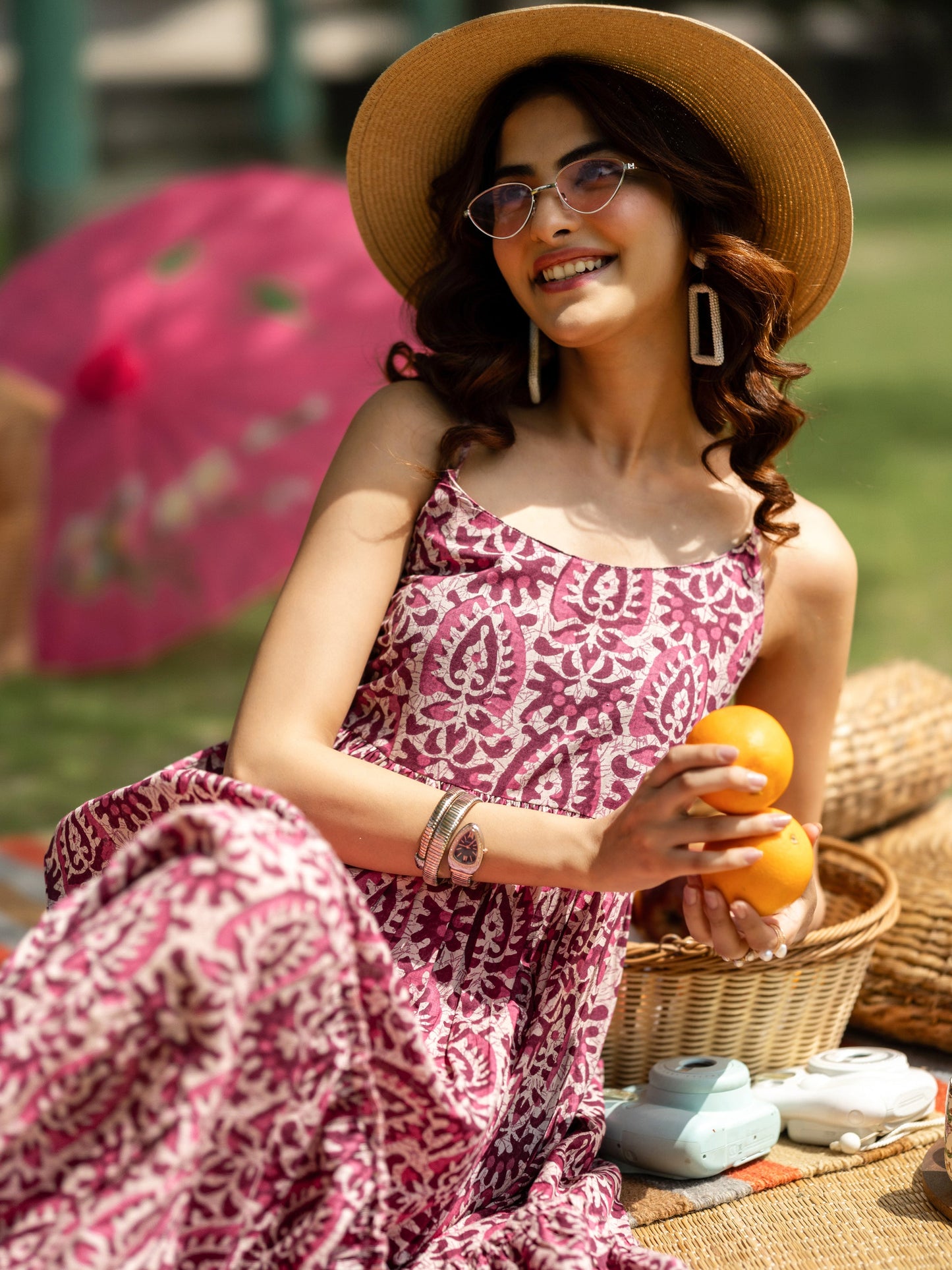 Mauve Printed Cotton Fit and Flare One Piece Dress by My Store