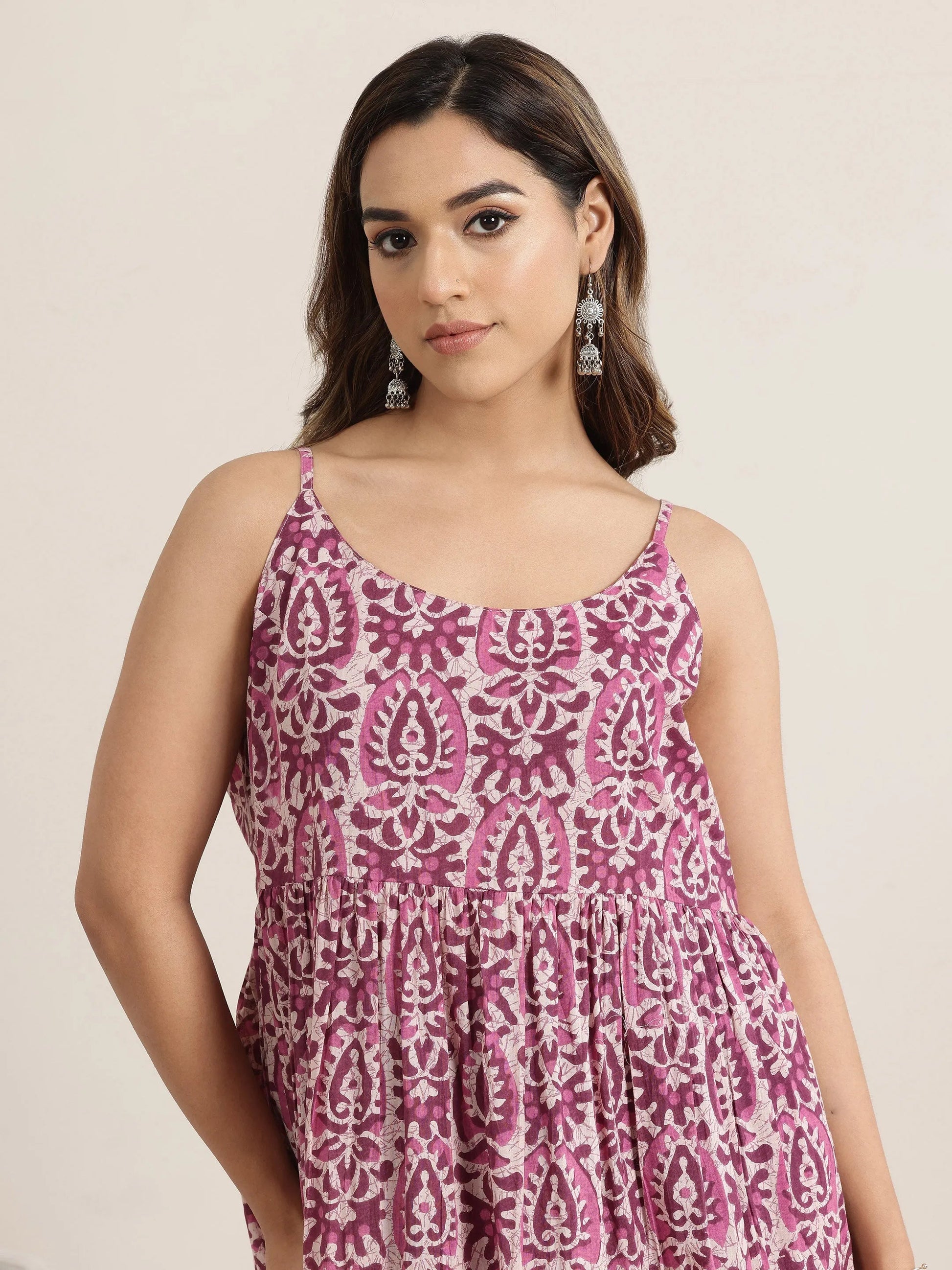 Mauve Printed Cotton Fit and Flare One Piece Dress by My Store