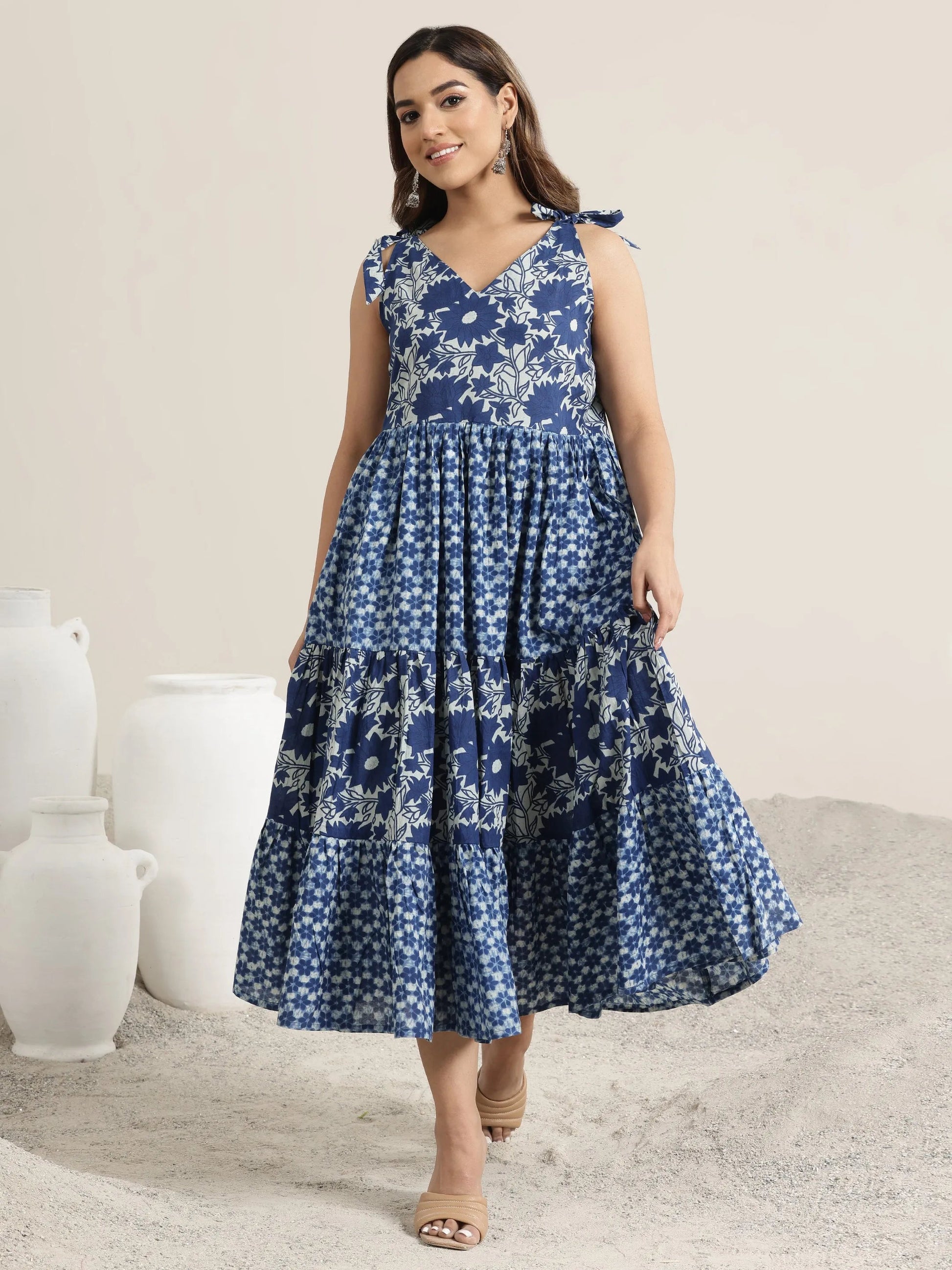 Indigo Printed Cotton Fit and Flare One Piece Dress by My Store
