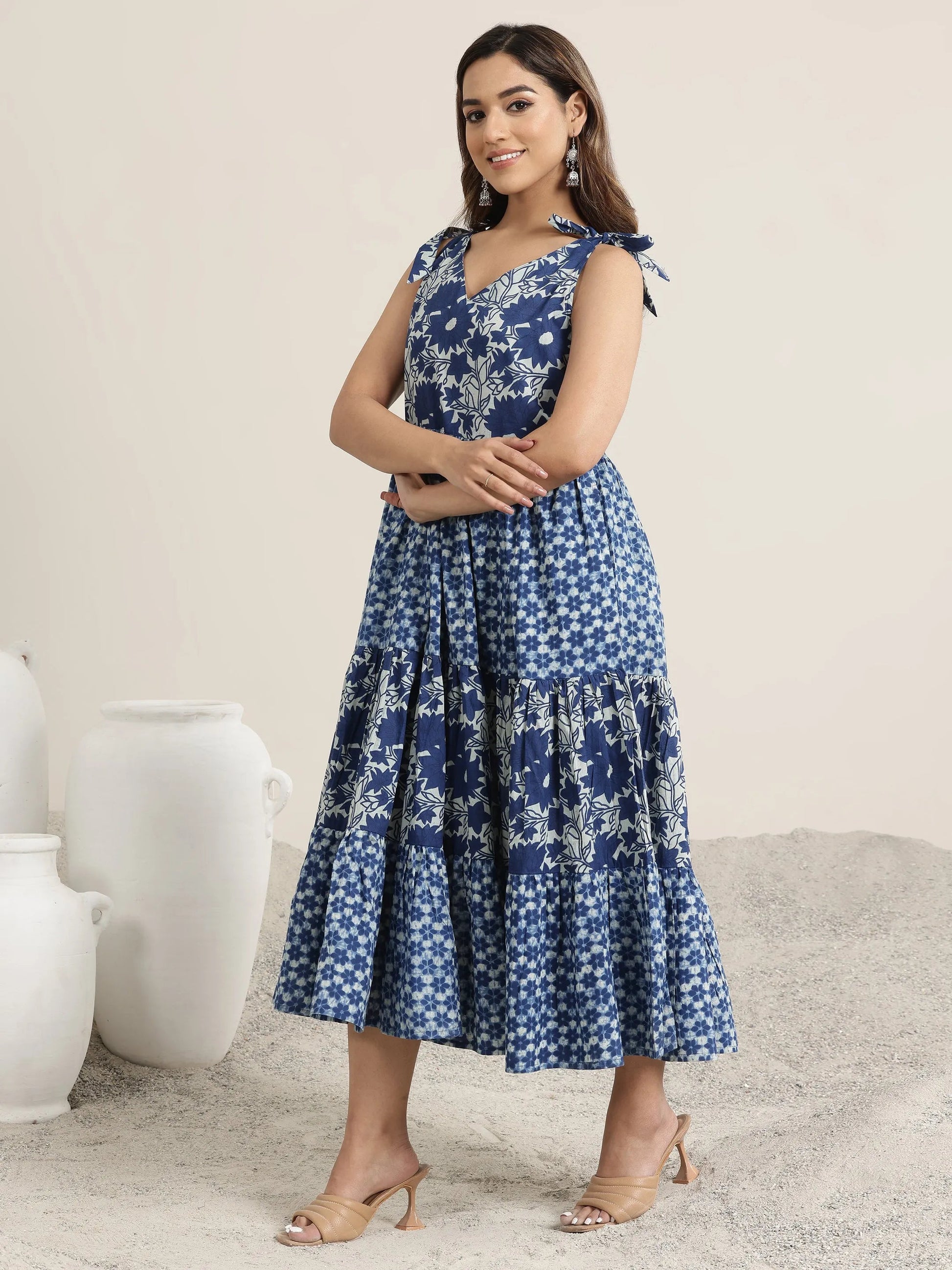 Indigo Printed Cotton Fit and Flare One Piece Dress by My Store