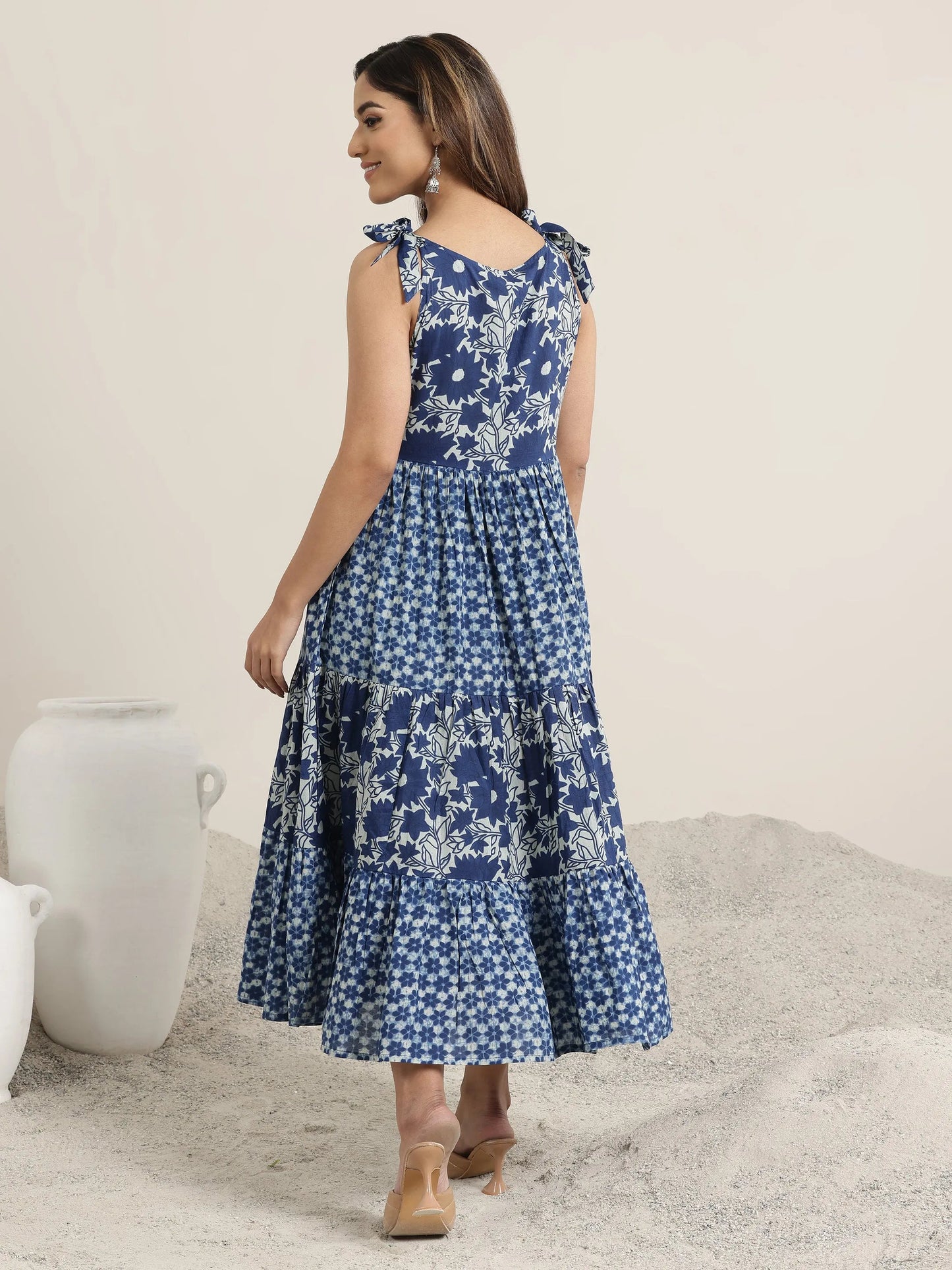 Indigo Printed Cotton Fit and Flare One Piece Dress by My Store