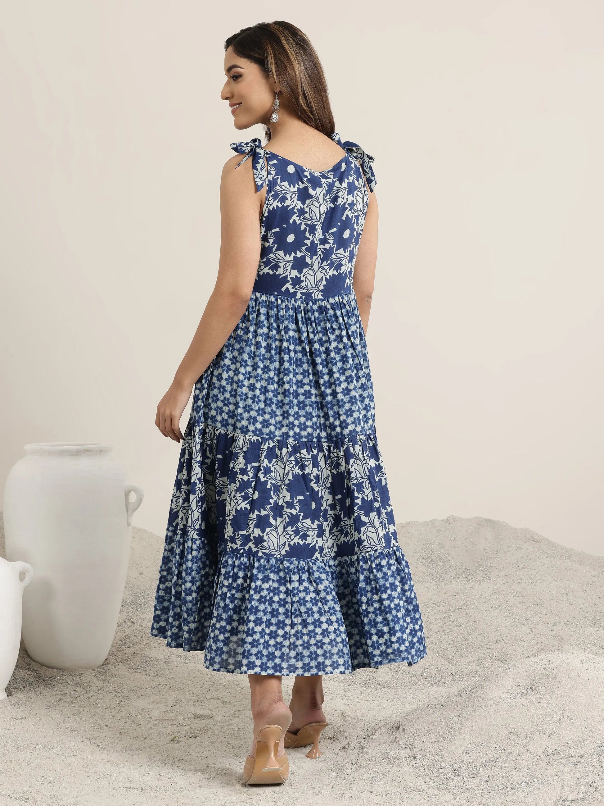 Indigo Printed Cotton Fit and Flare One Piece Dress by My Store