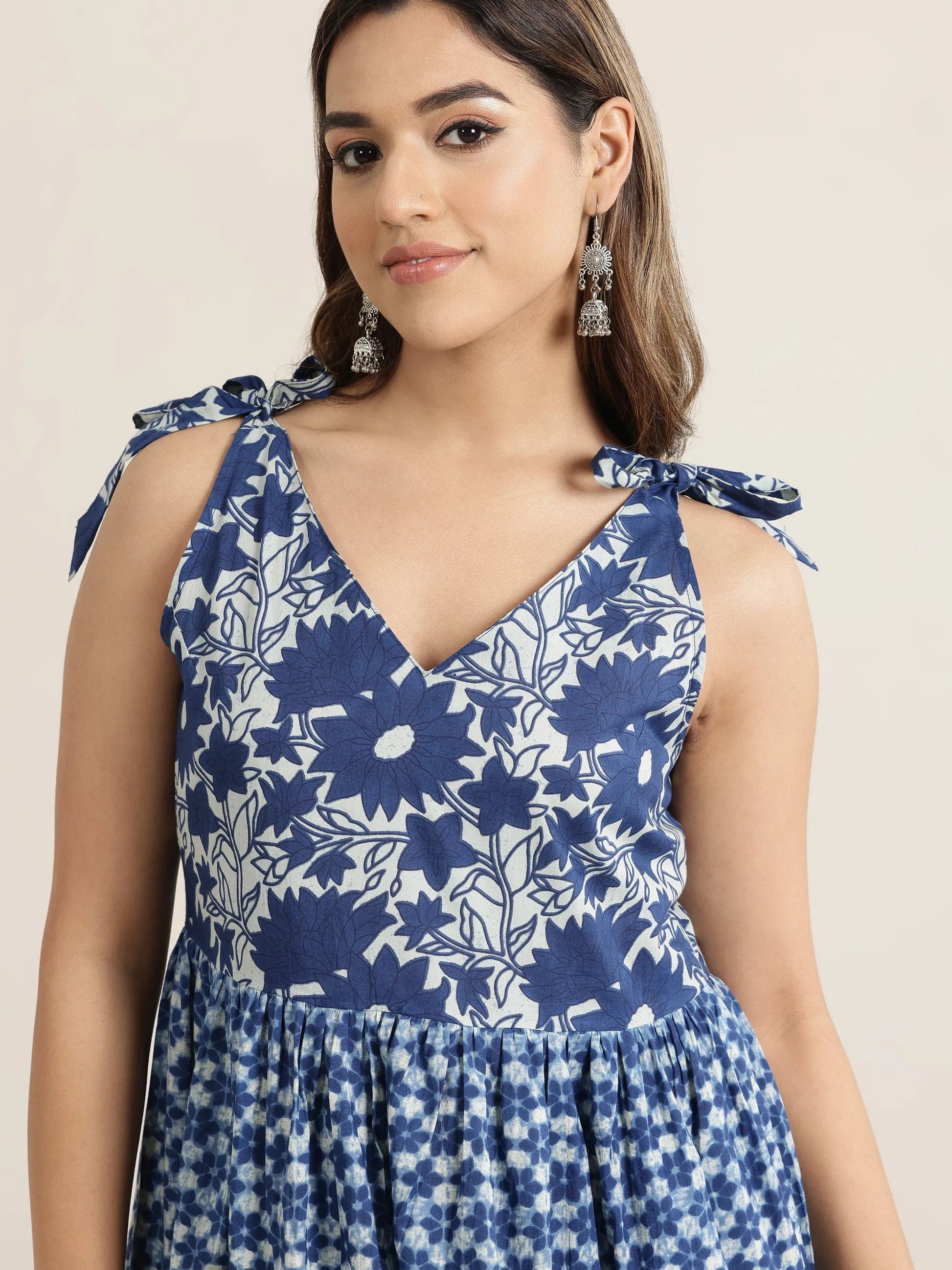 Indigo Printed Cotton Fit and Flare One Piece Dress by My Store
