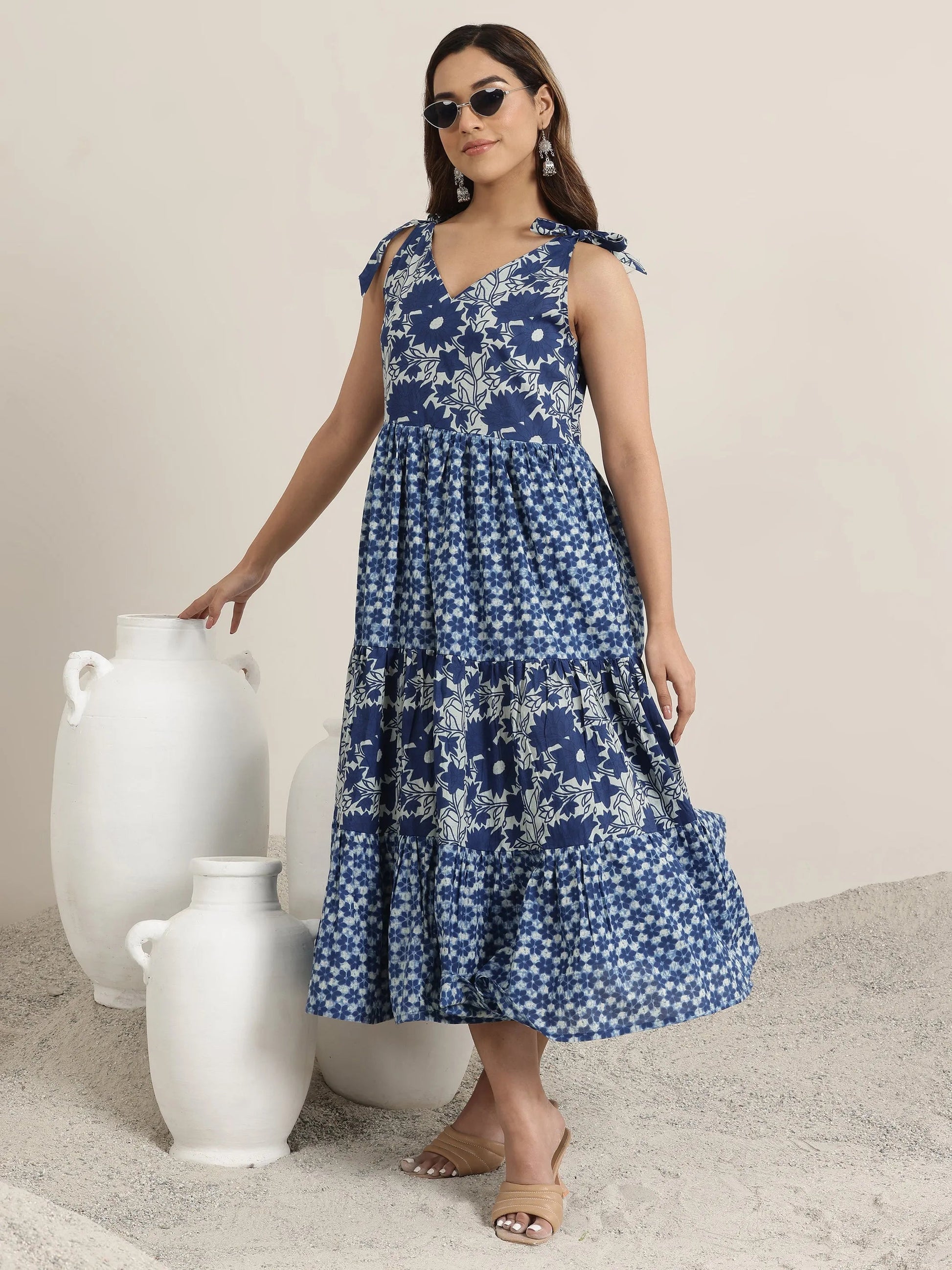 Indigo Printed Cotton Fit and Flare One Piece Dress by My Store