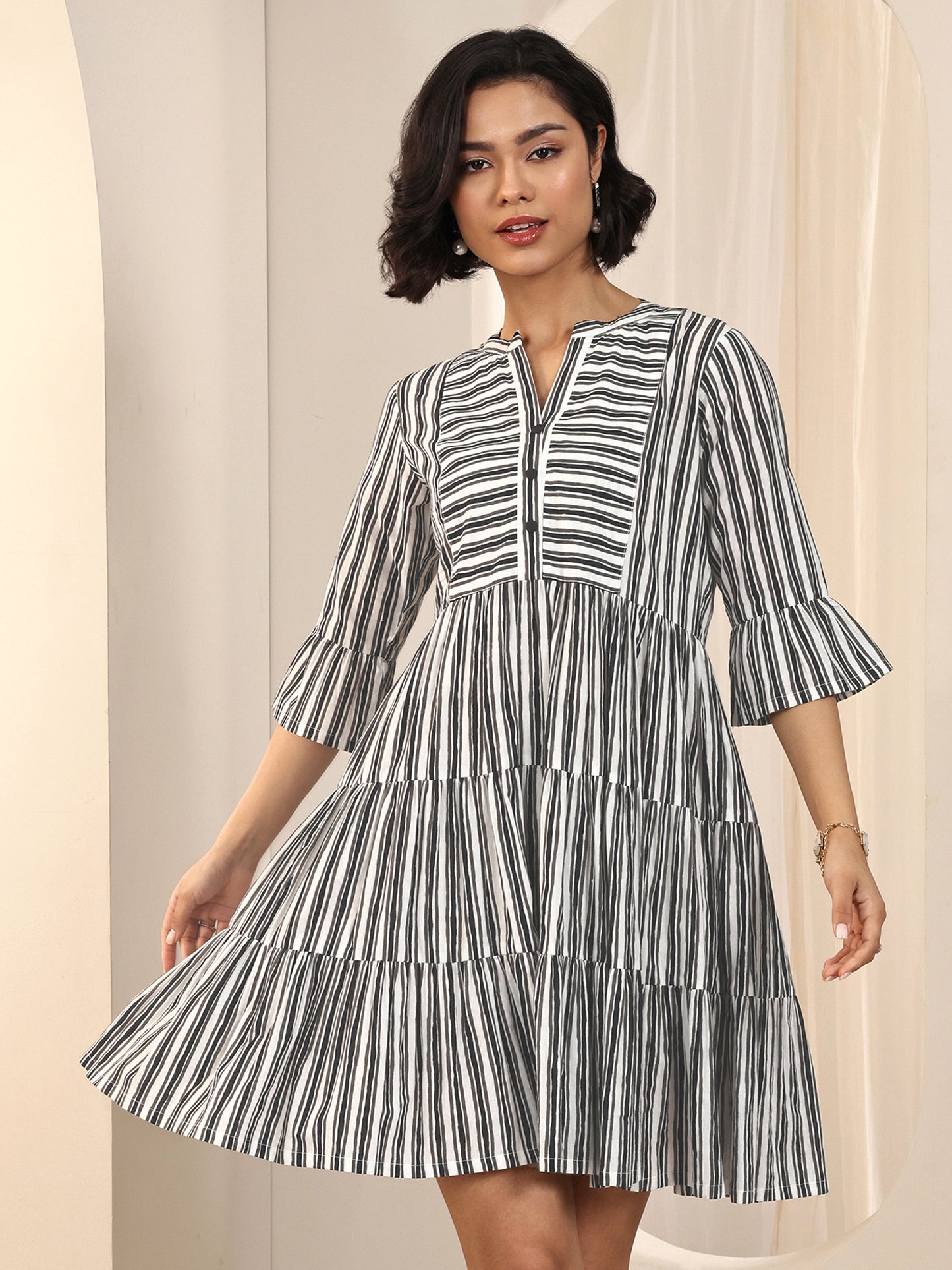 Black Printed Cotton Fit and Flare One Piece Dress