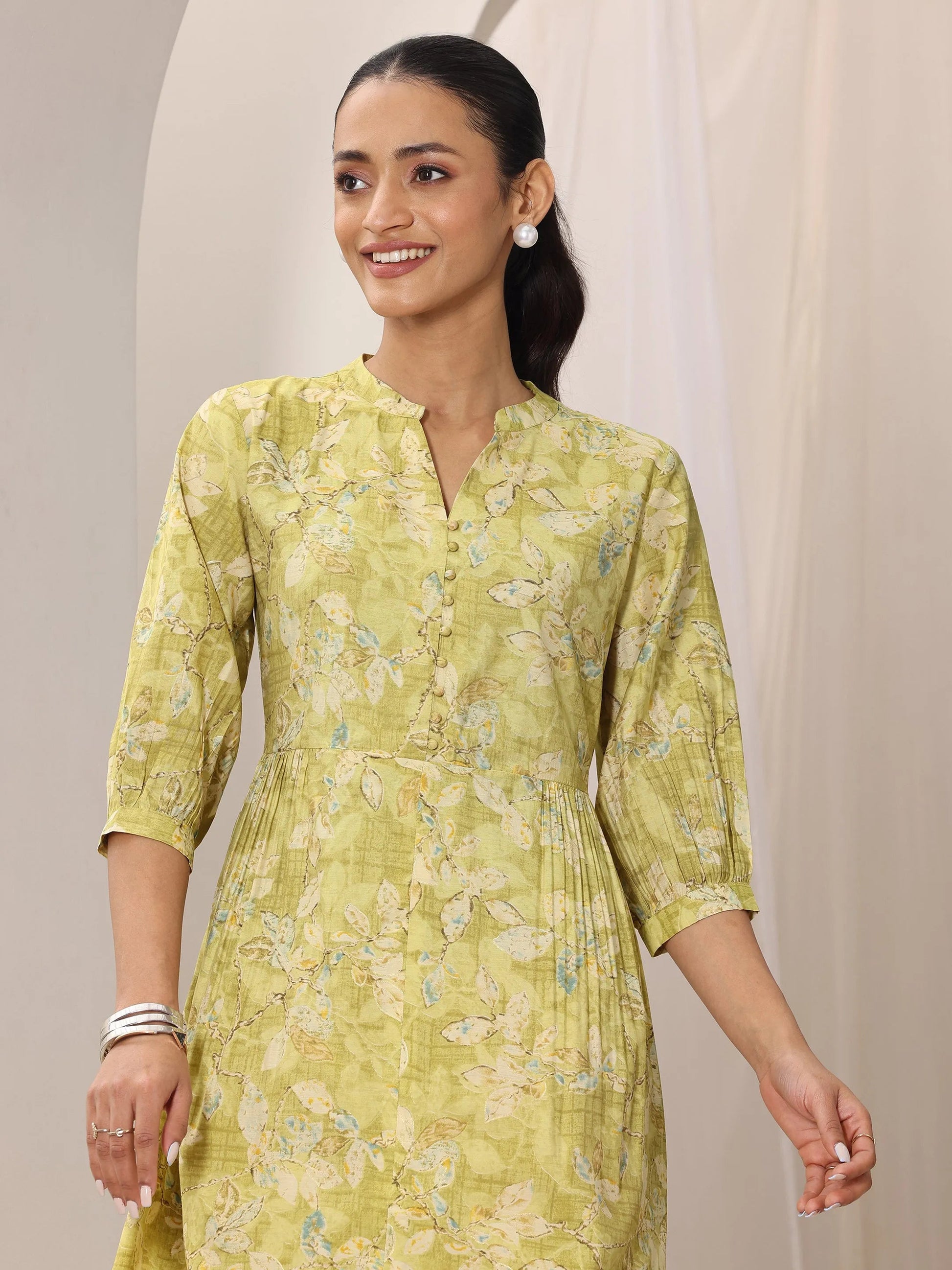 Olive Printed Silk Blend A-Line One Piece Dress by My Store