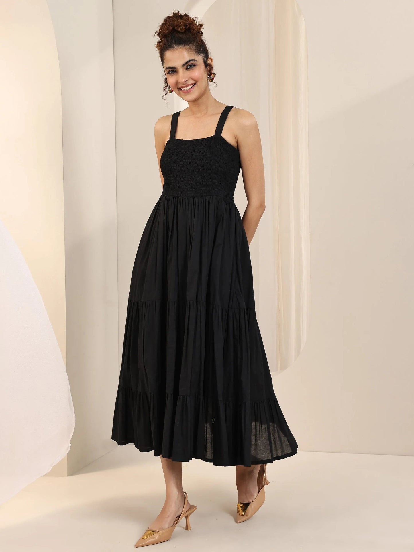 Black Solid Cotton Fit and Flare One Piece Dress