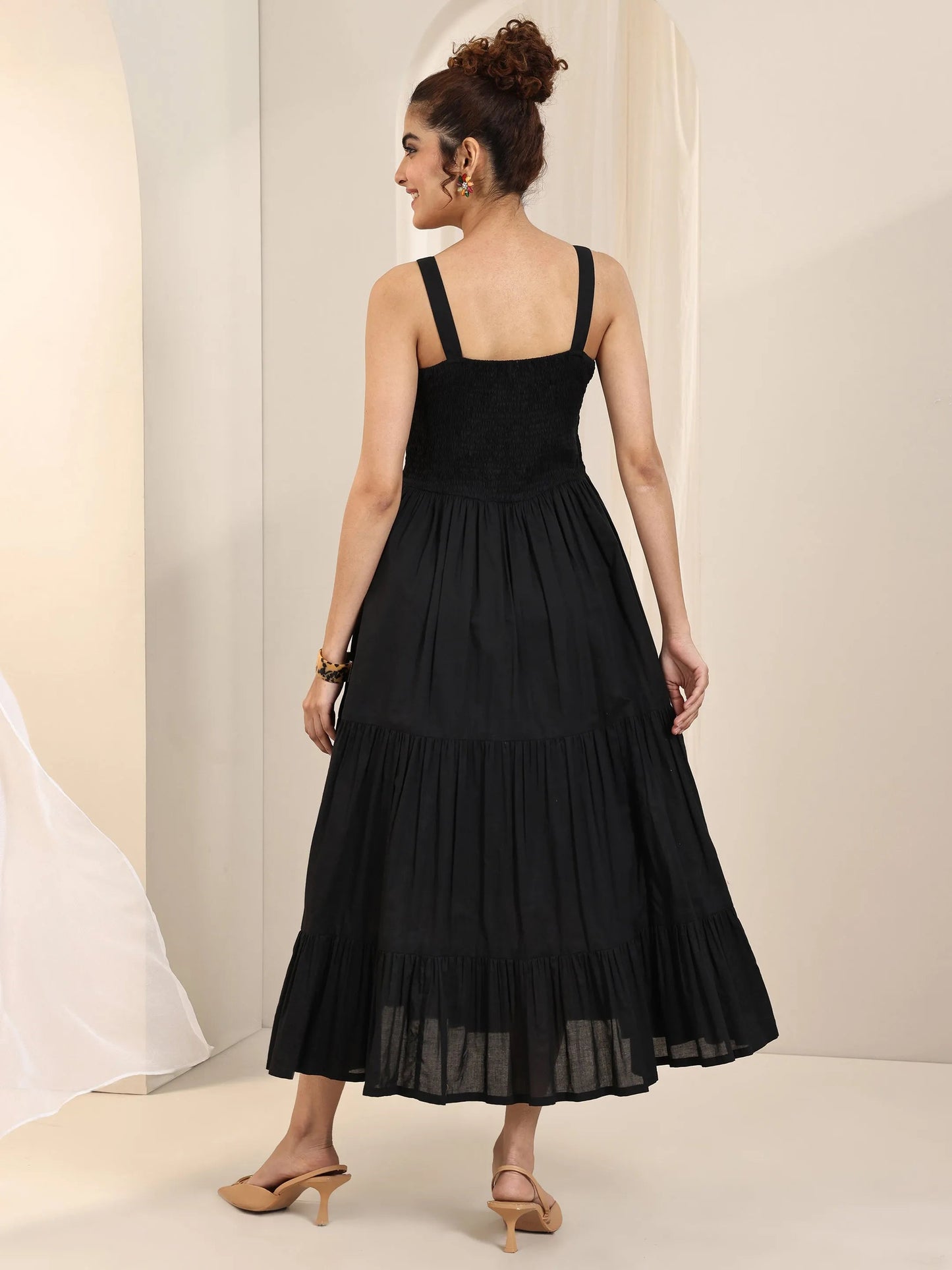 Black Solid Cotton Fit and Flare One Piece Dress