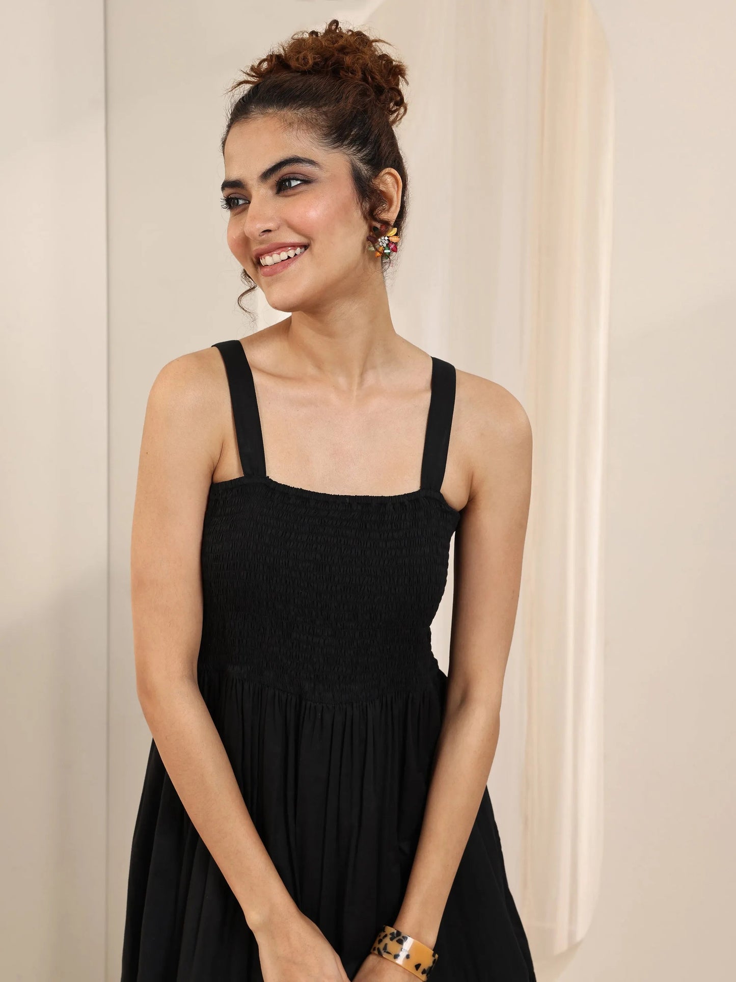 Black Solid Cotton Fit and Flare One Piece Dress