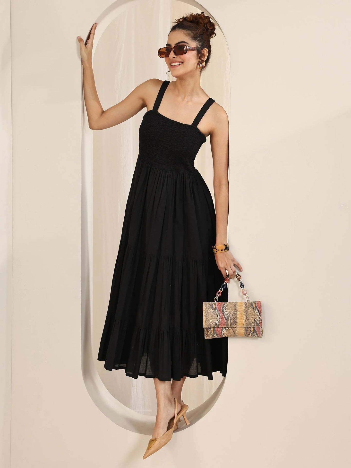 Black Solid Cotton Fit and Flare One Piece Dress
