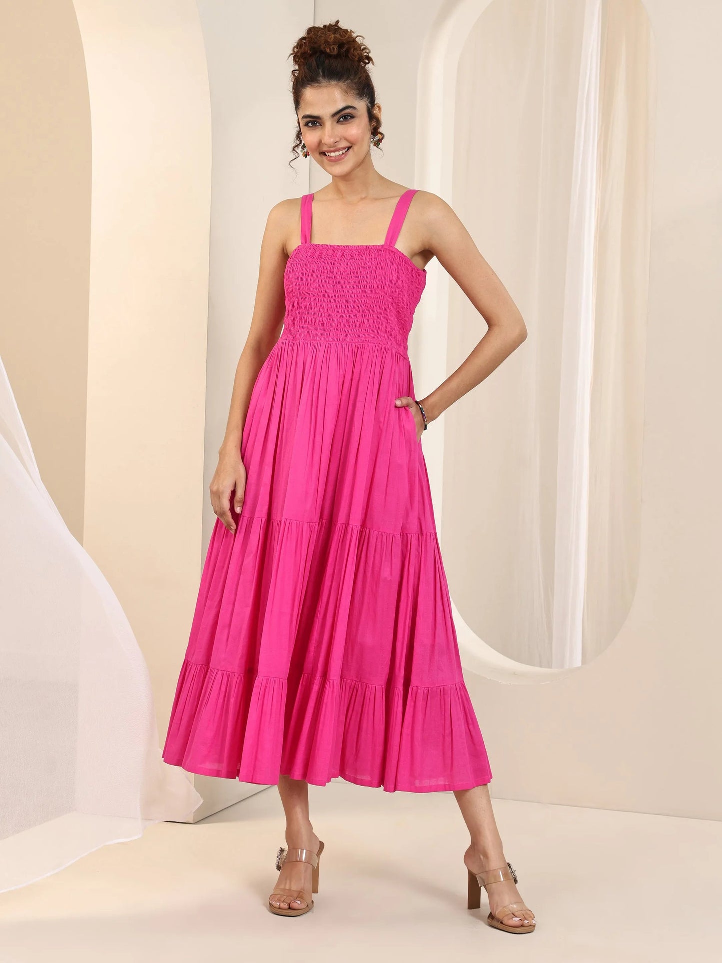 Pink Solid Cotton Fit and Flare One Piece Dress by My Store
