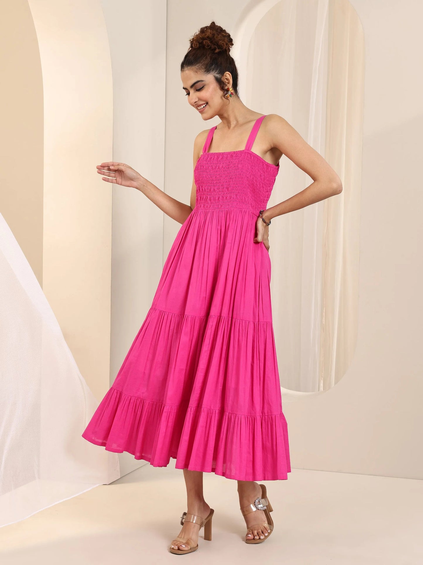 Pink Solid Cotton Fit and Flare One Piece Dress by My Store