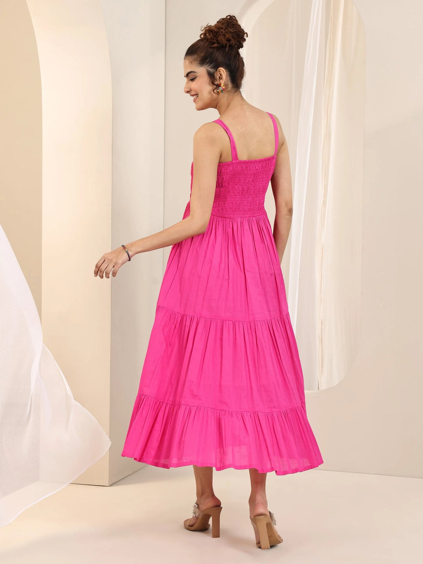 Pink Solid Cotton Fit and Flare One Piece Dress by My Store