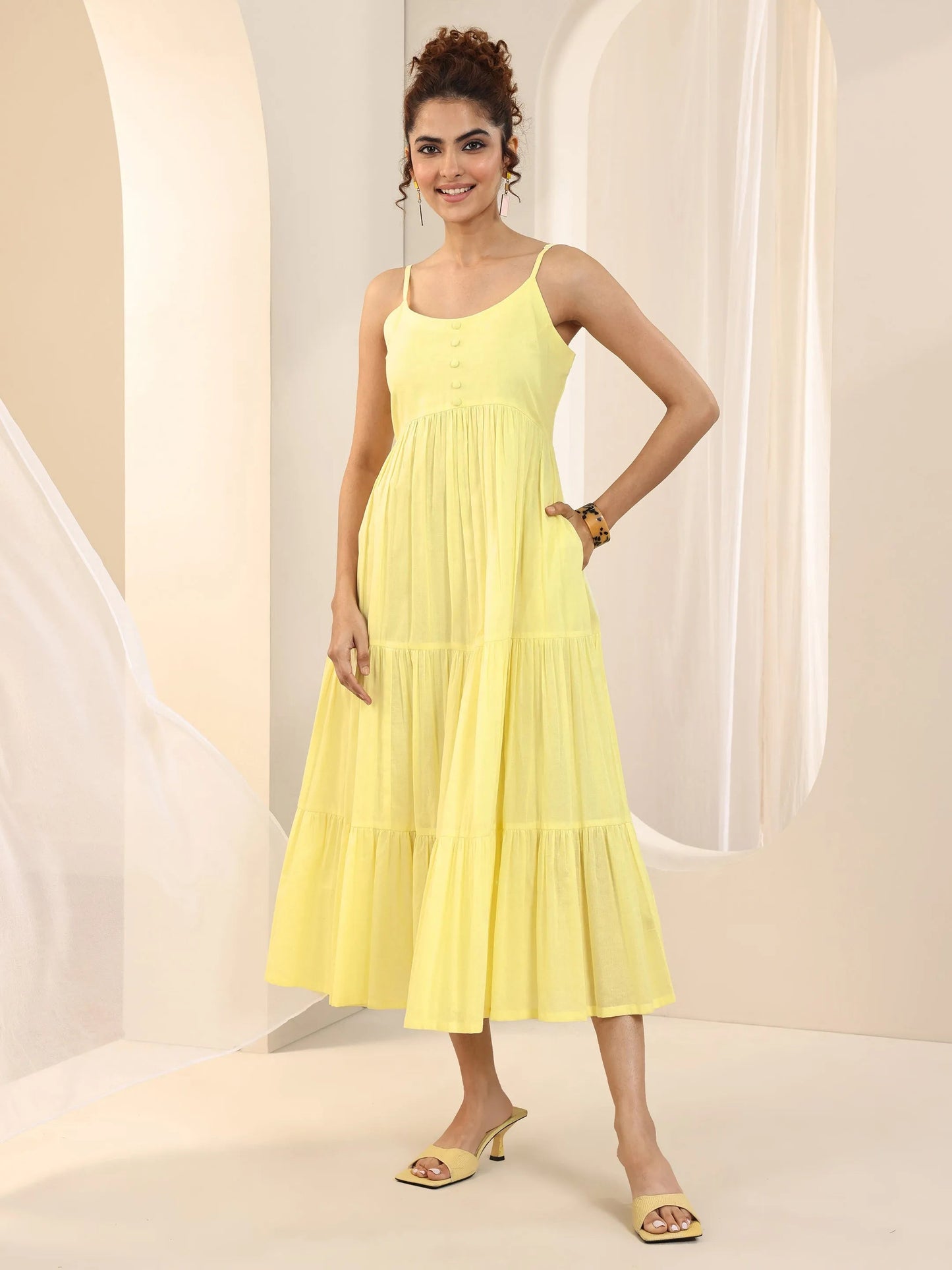 Yellow Solid Cotton Fit and Flare One Piece Dress