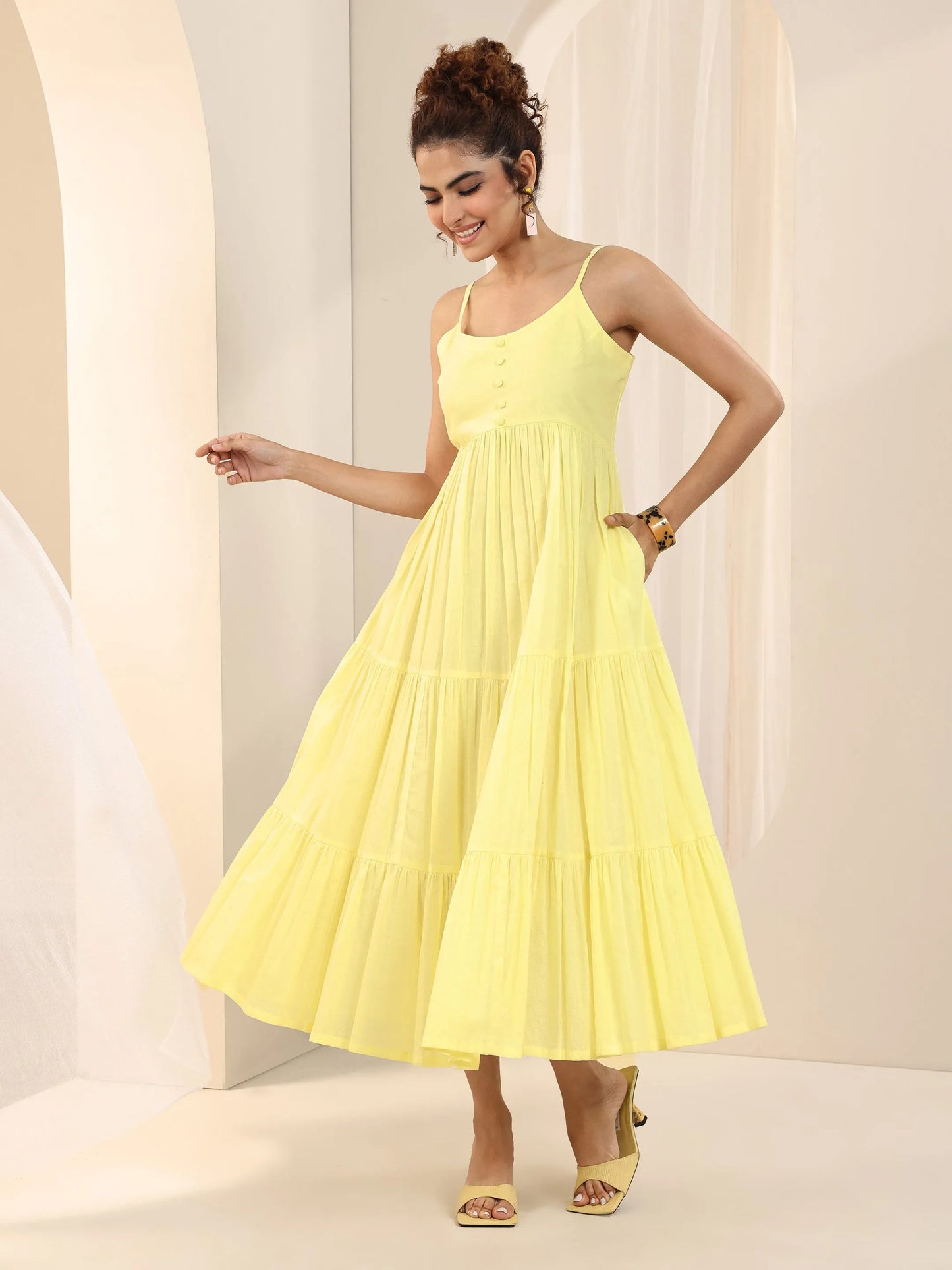 Yellow Solid Cotton Fit and Flare One Piece Dress