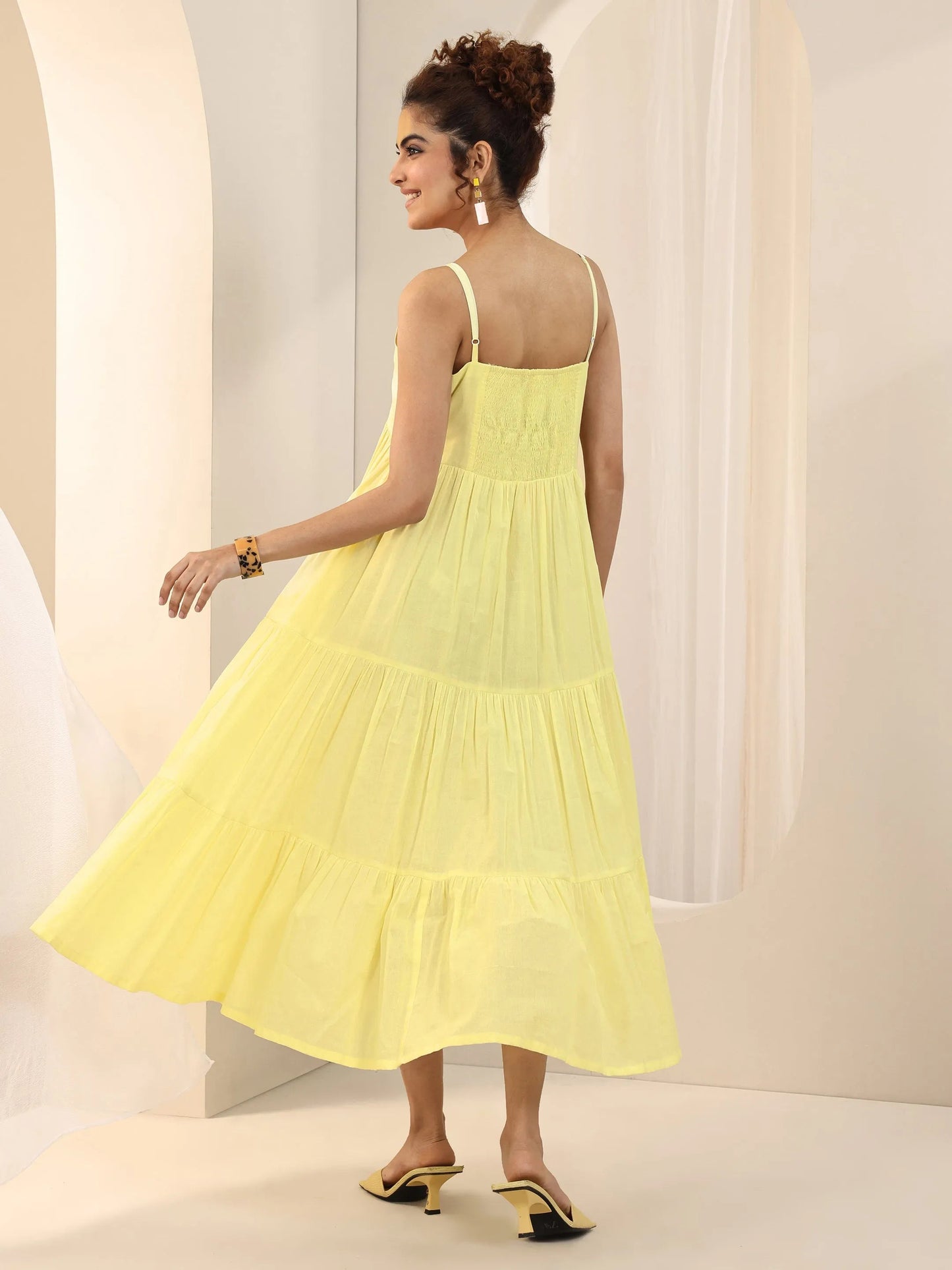 Yellow Solid Cotton Fit and Flare One Piece Dress