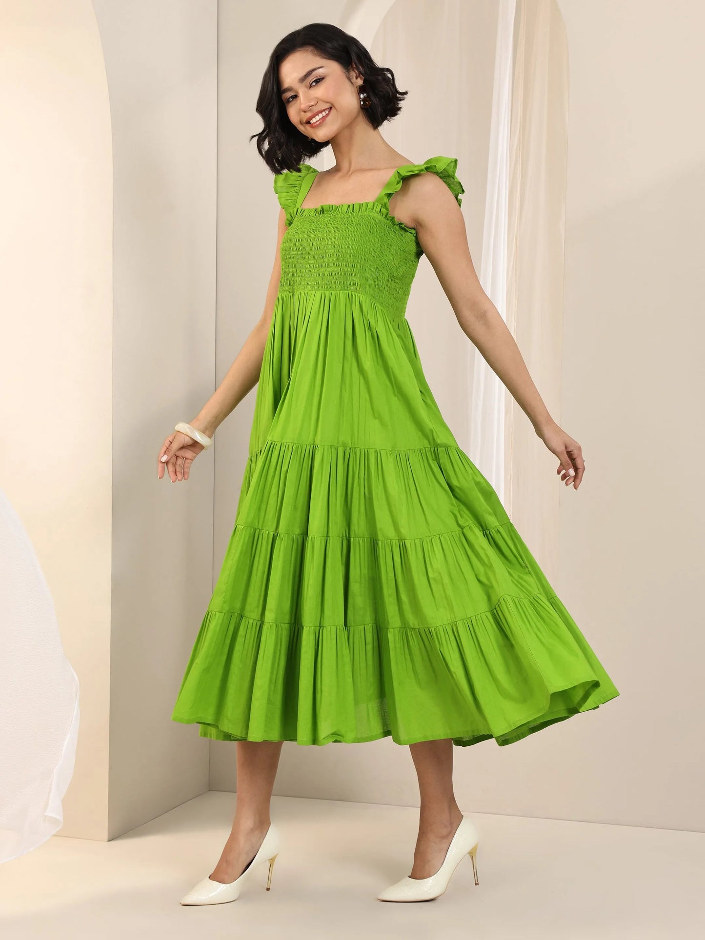 Green Solid Cotton Fit and Flare One Piece Dress