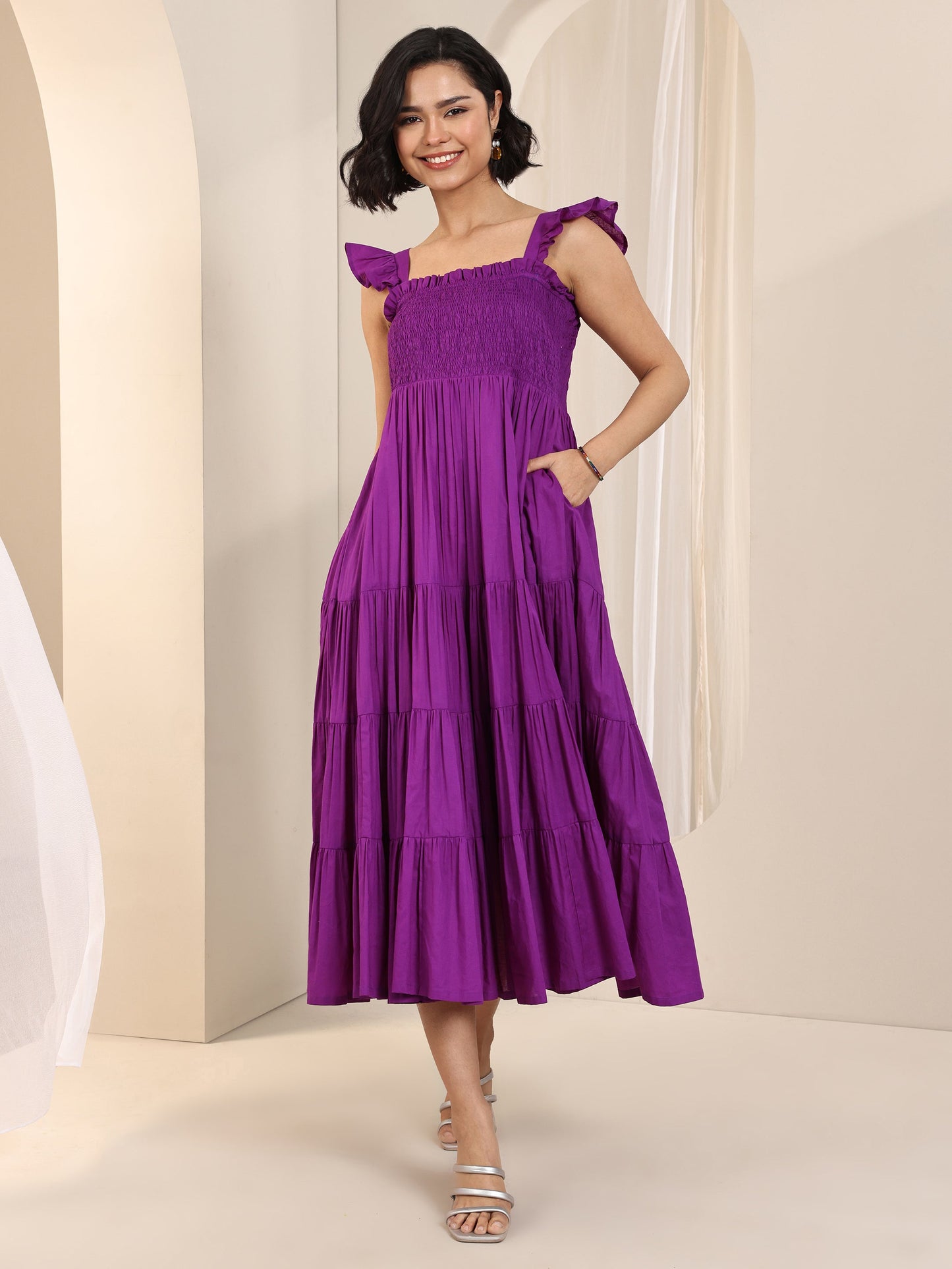 Purple Solid Cotton Fit and Flare One Piece Dress by My Store