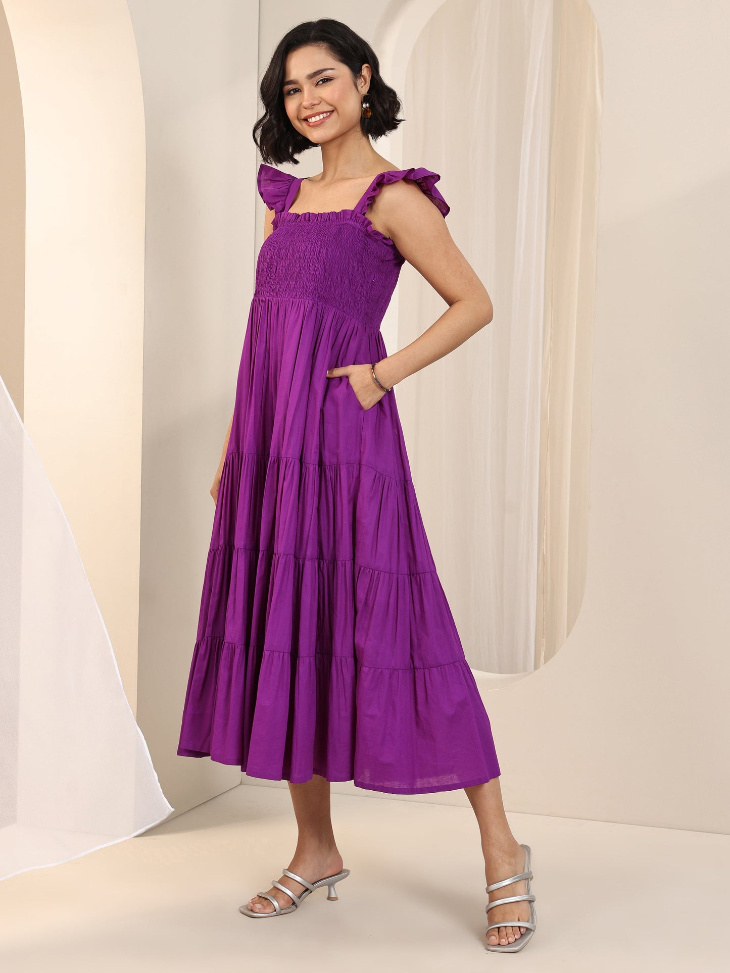 Purple Solid Cotton Fit and Flare One Piece Dress by My Store