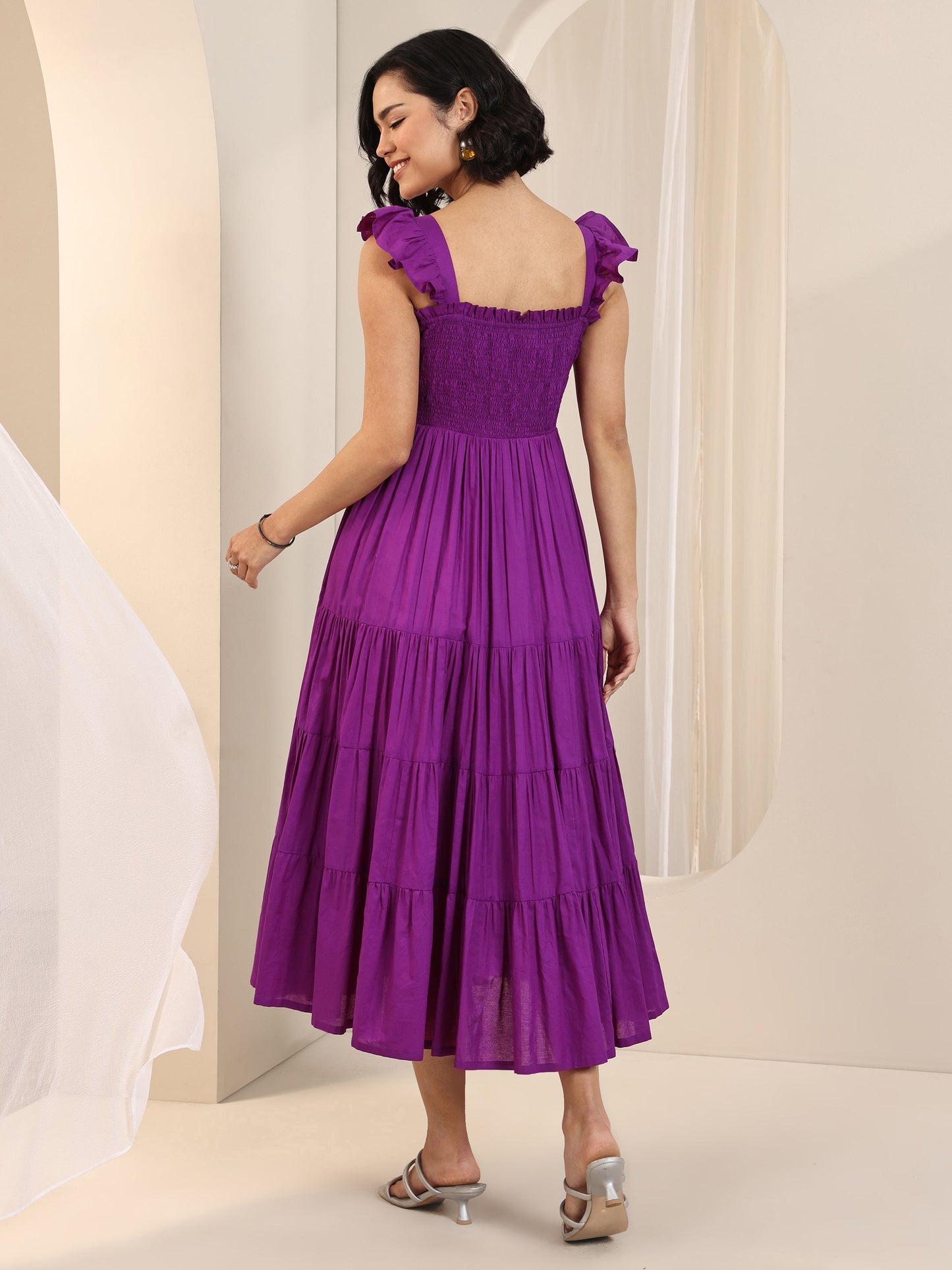 Purple Solid Cotton Fit and Flare One Piece Dress by My Store