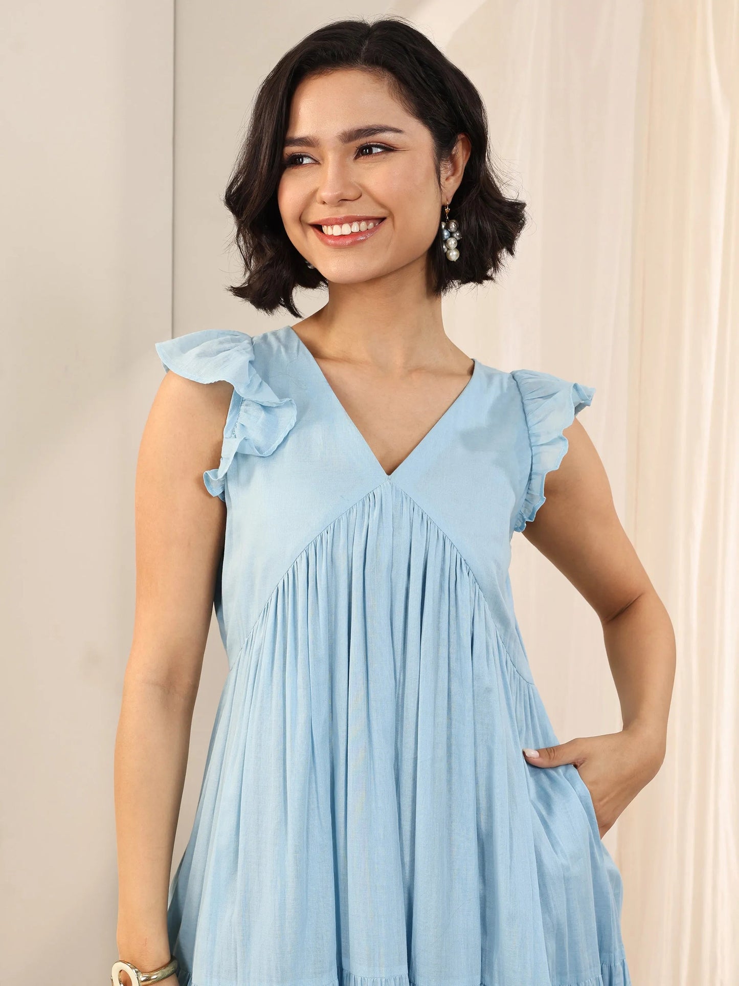 Blue Solid Cotton Fit and Flare One Piece Dress by My Store