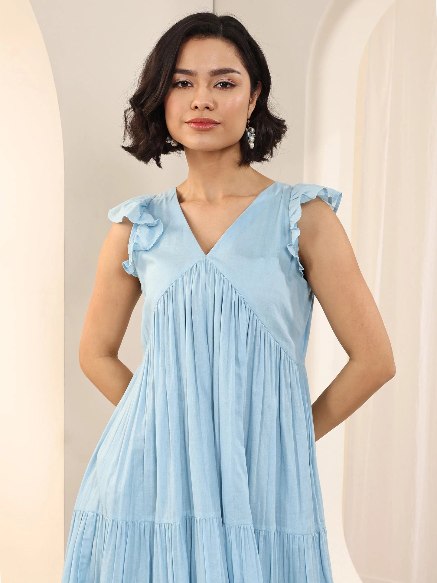 Blue Solid Cotton Fit and Flare One Piece Dress by My Store