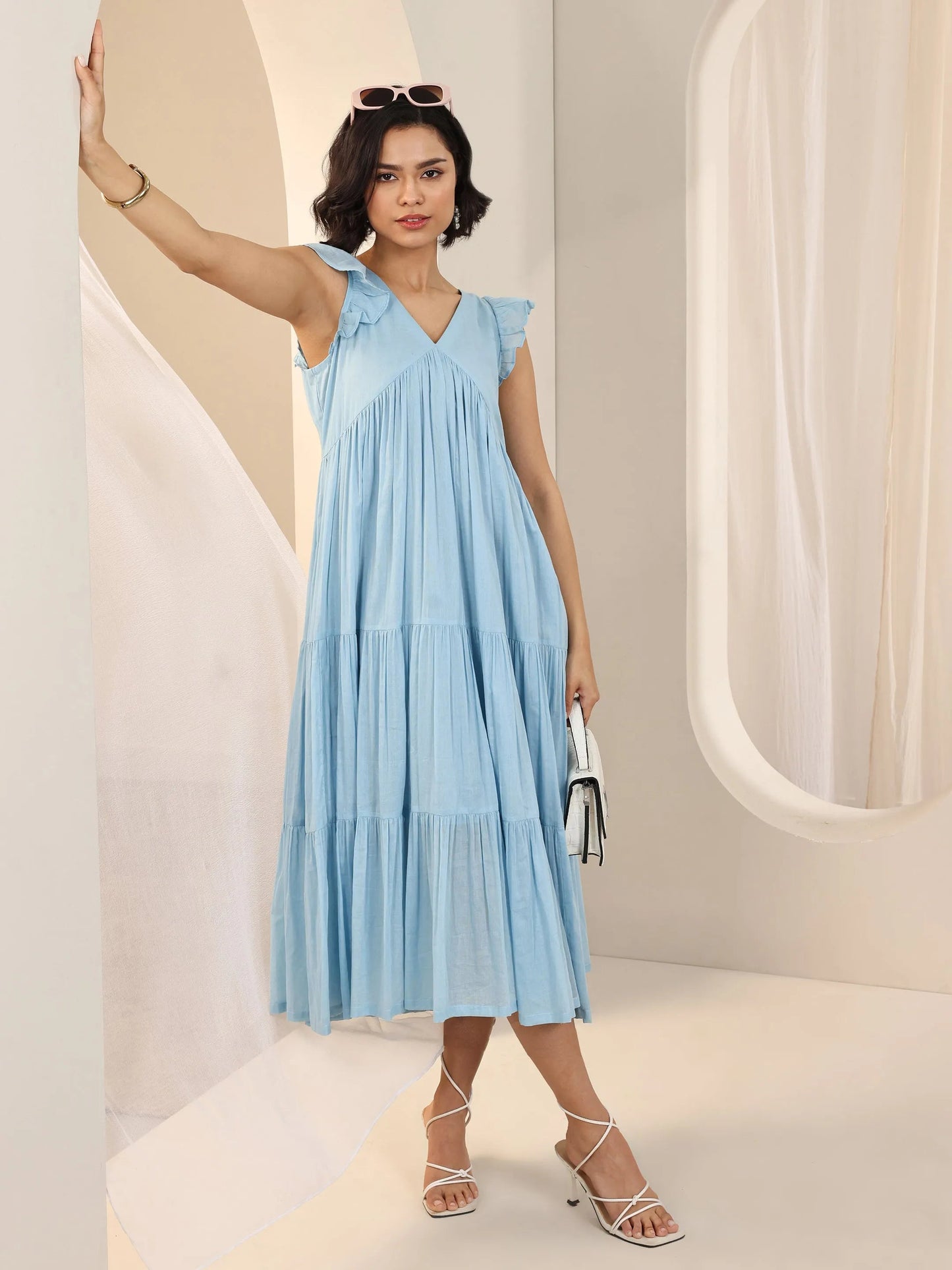 Blue Solid Cotton Fit and Flare One Piece Dress by My Store