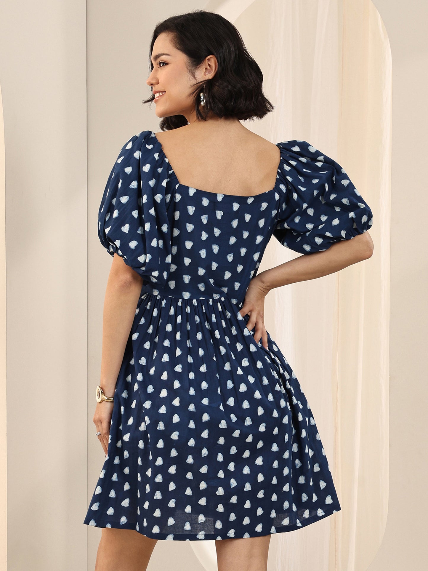Indigo Printed Cotton Fit and Flare One Piece Dress by My Store