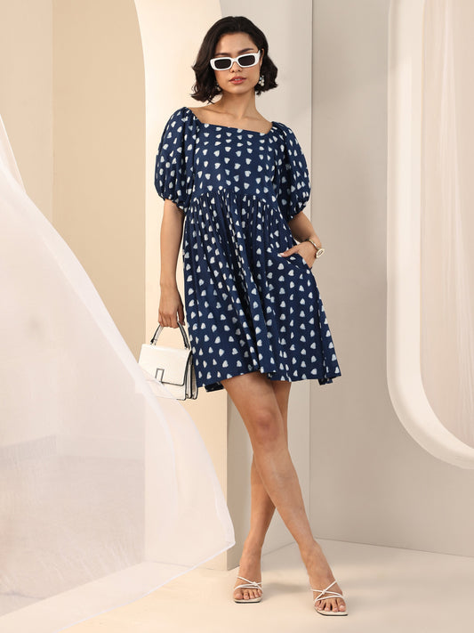 Indigo Printed Cotton Fit and Flare One Piece Dress by My Store