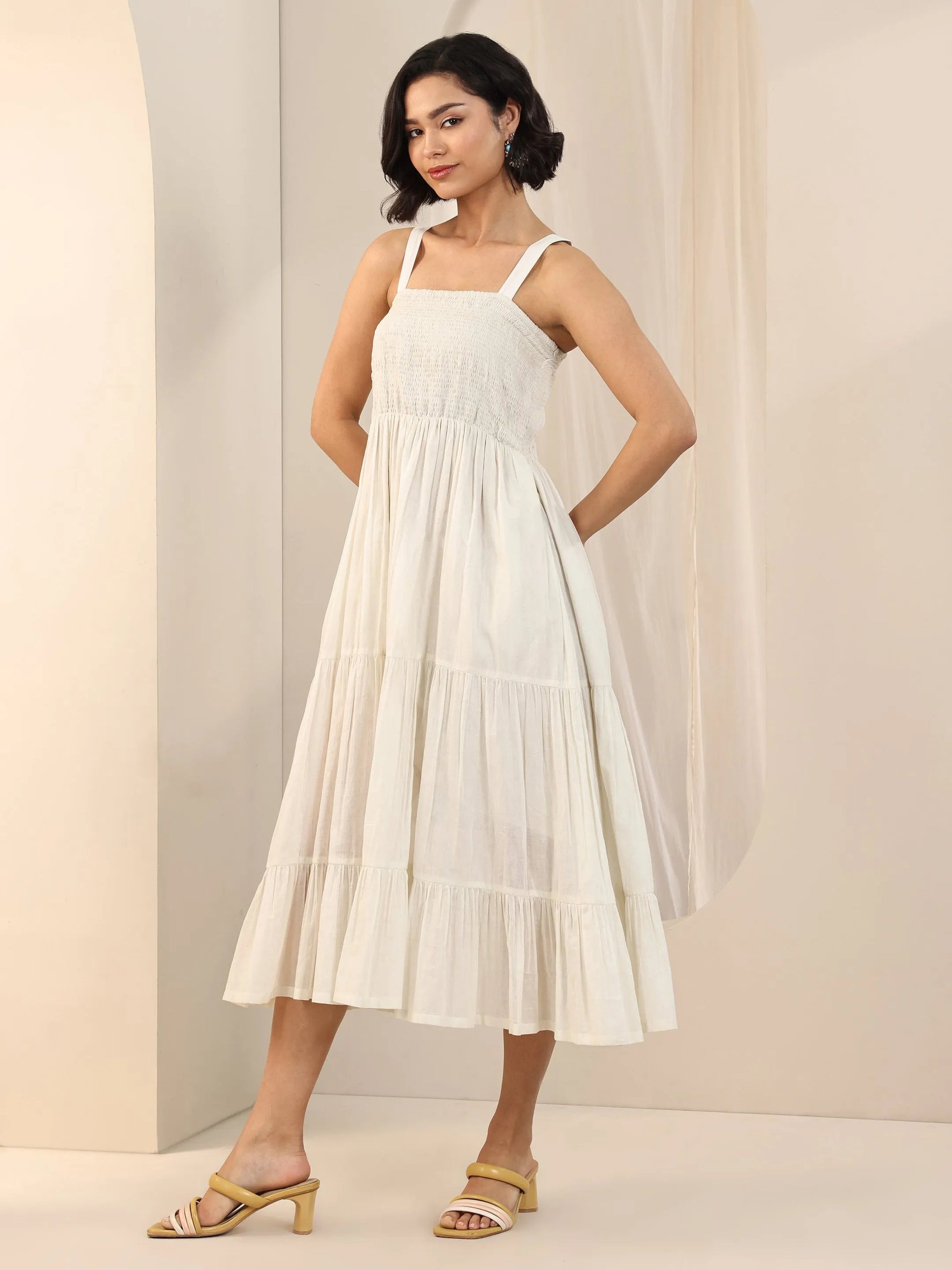 Off White Solid Cotton Fit and Flare One Piece Dress by My Store