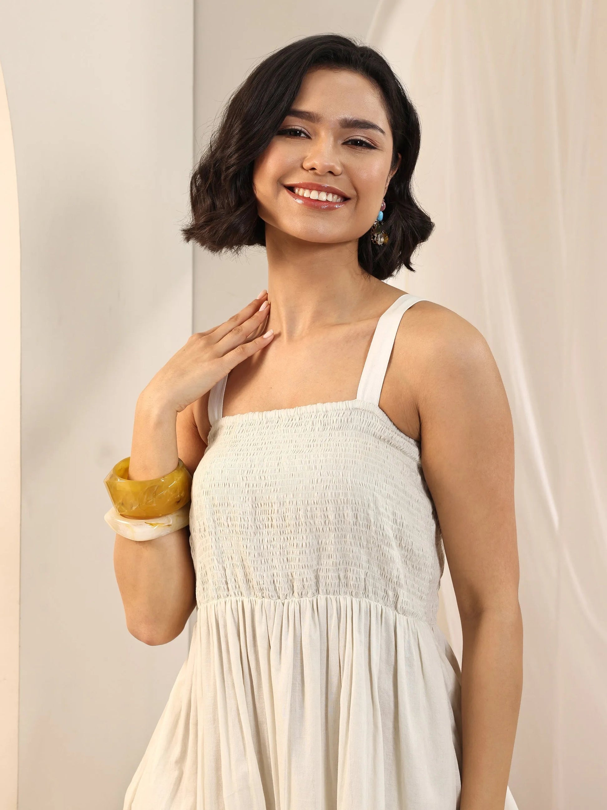 Off White Solid Cotton Fit and Flare One Piece Dress by My Store