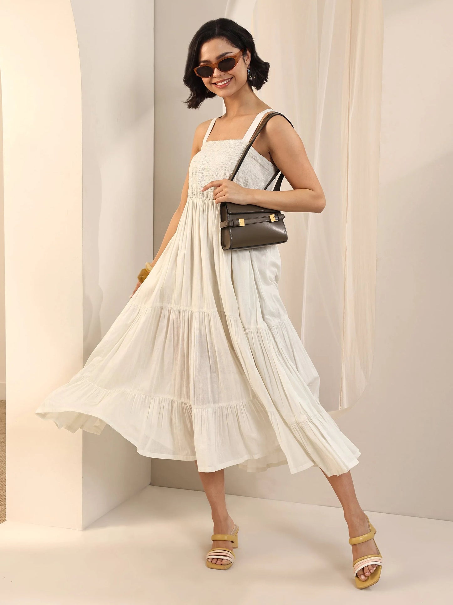 Off White Solid Cotton Fit and Flare One Piece Dress by My Store