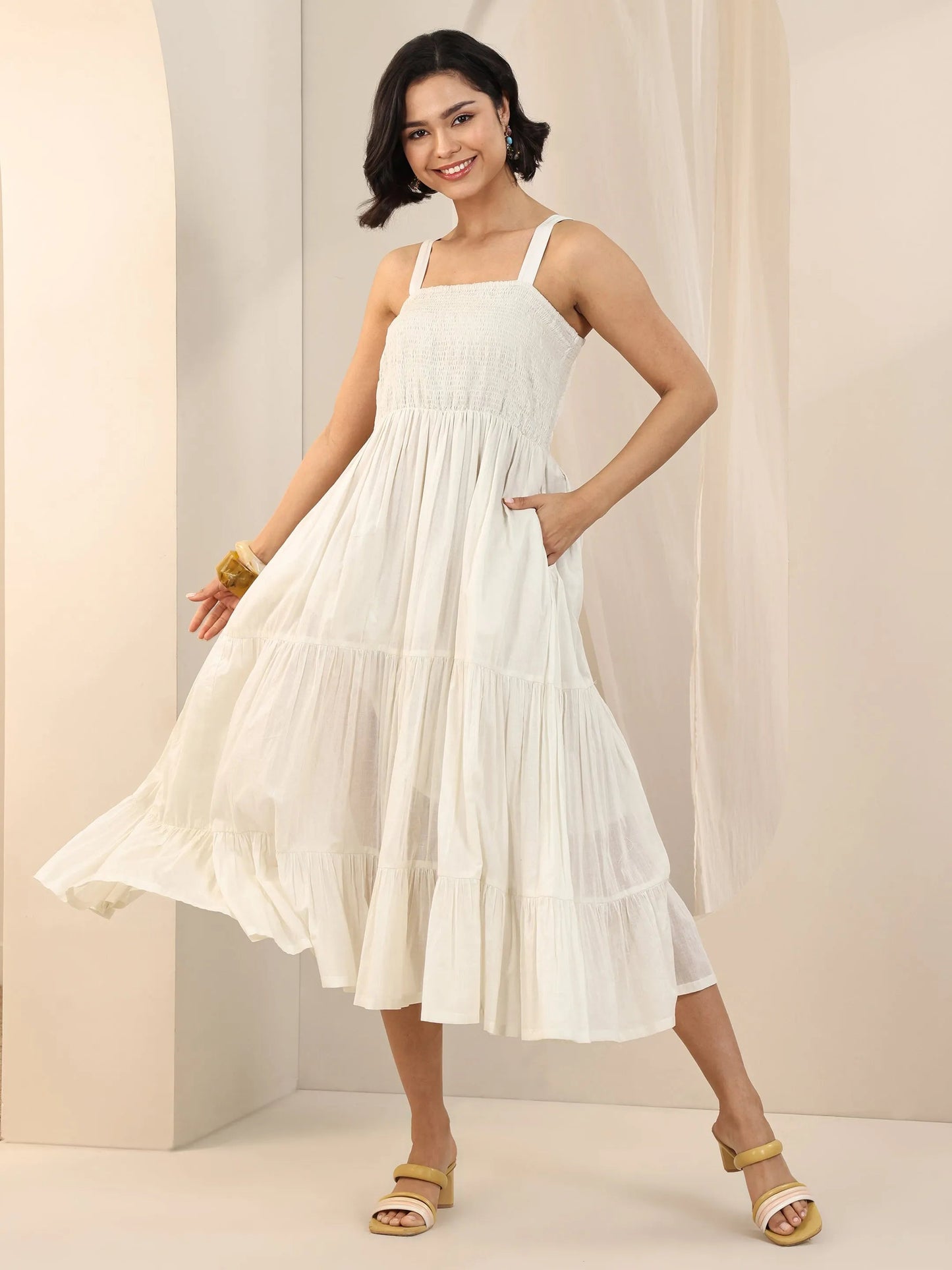 Off White Solid Cotton Fit and Flare One Piece Dress by My Store