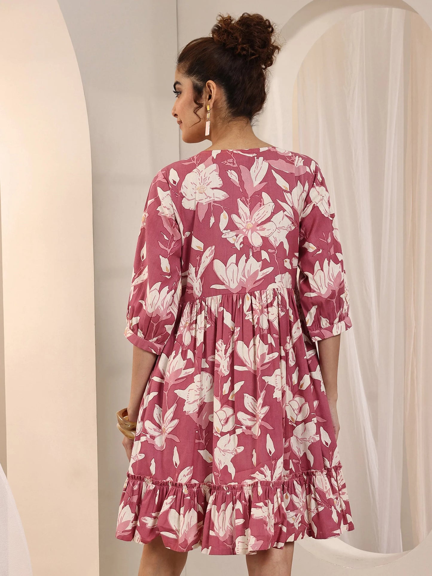 Rust Printed Cotton Fit and Flare One Piece Dress by My Store