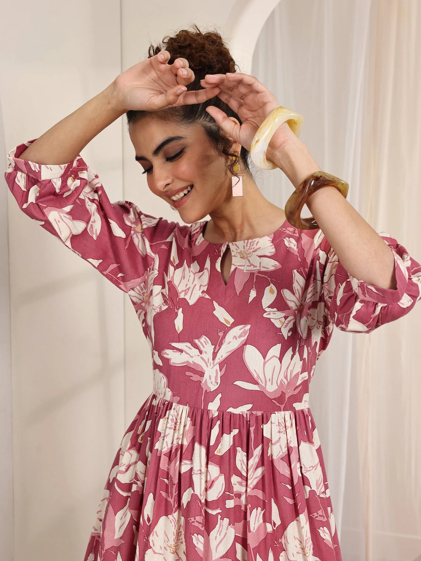 Rust Printed Cotton Fit and Flare One Piece Dress by My Store