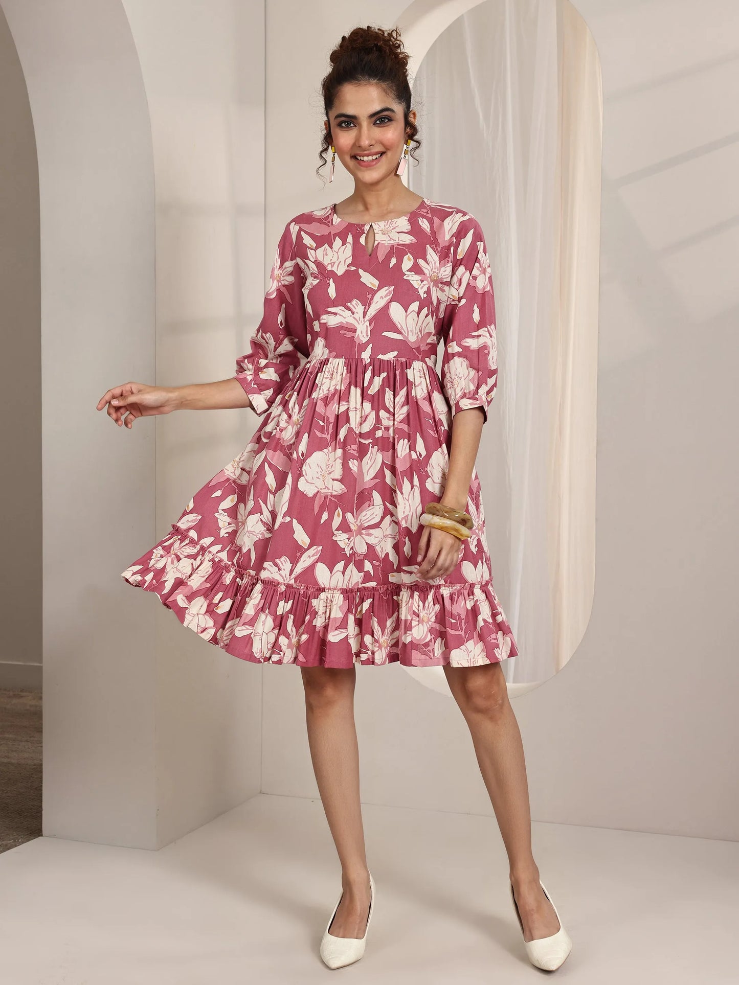 Rust Printed Cotton Fit and Flare One Piece Dress by My Store