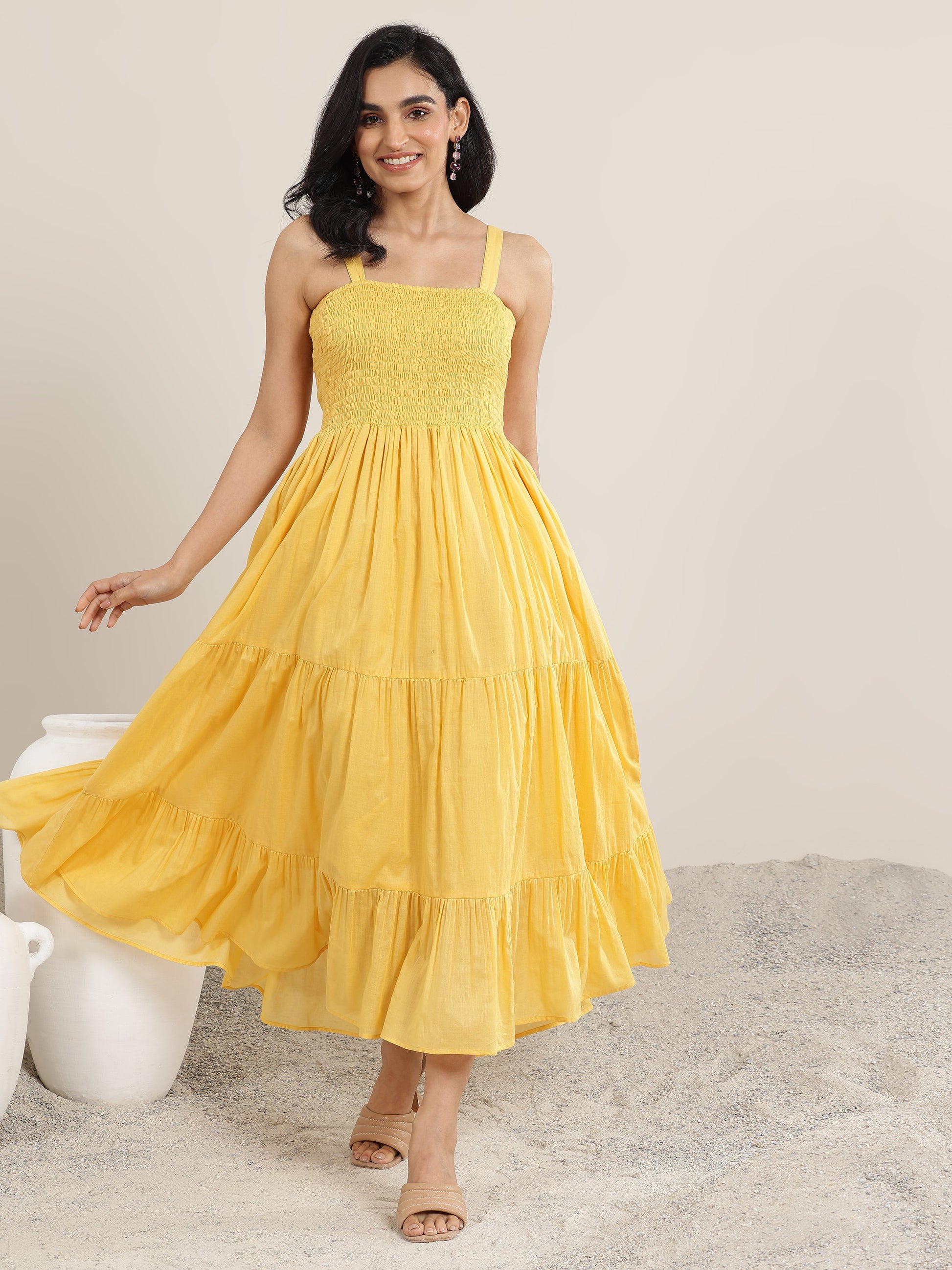 Mustard Solid Cotton Fit and Flare One Piece Dress by My Store