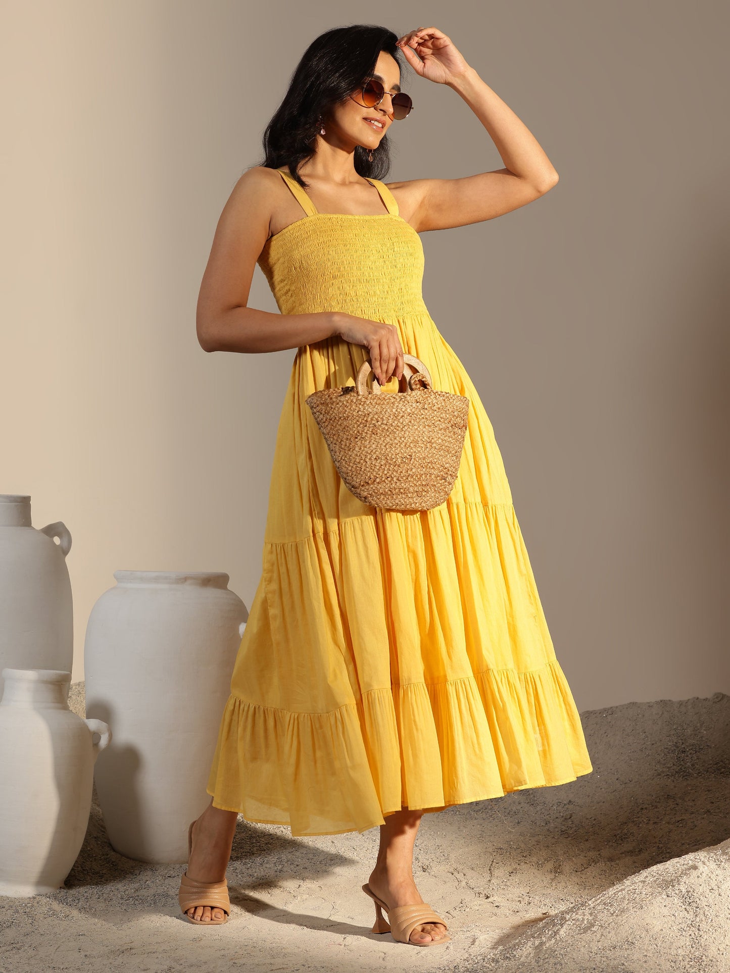 Mustard Solid Cotton Fit and Flare One Piece Dress by My Store