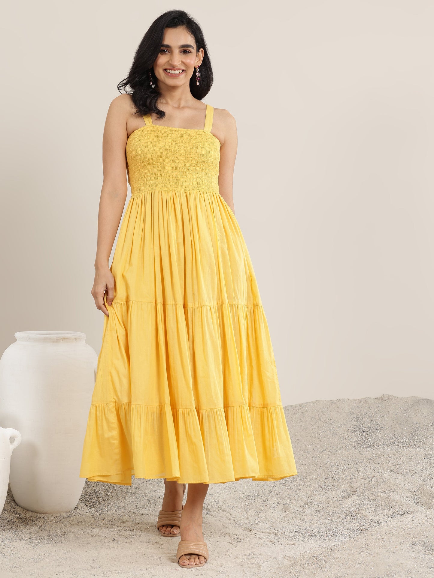 Mustard Solid Cotton Fit and Flare One Piece Dress by My Store