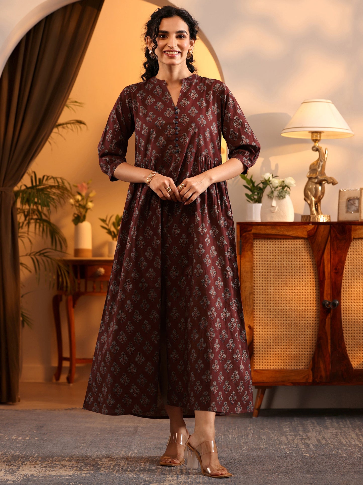 Rust Printed Cotton A-Line One Piece Dress by My Store