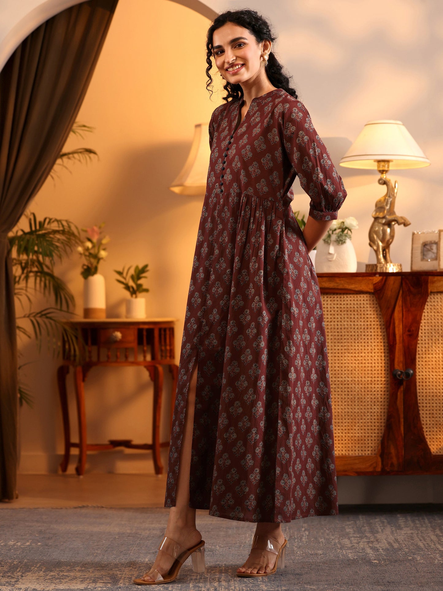 Rust Printed Cotton A-Line One Piece Dress by My Store