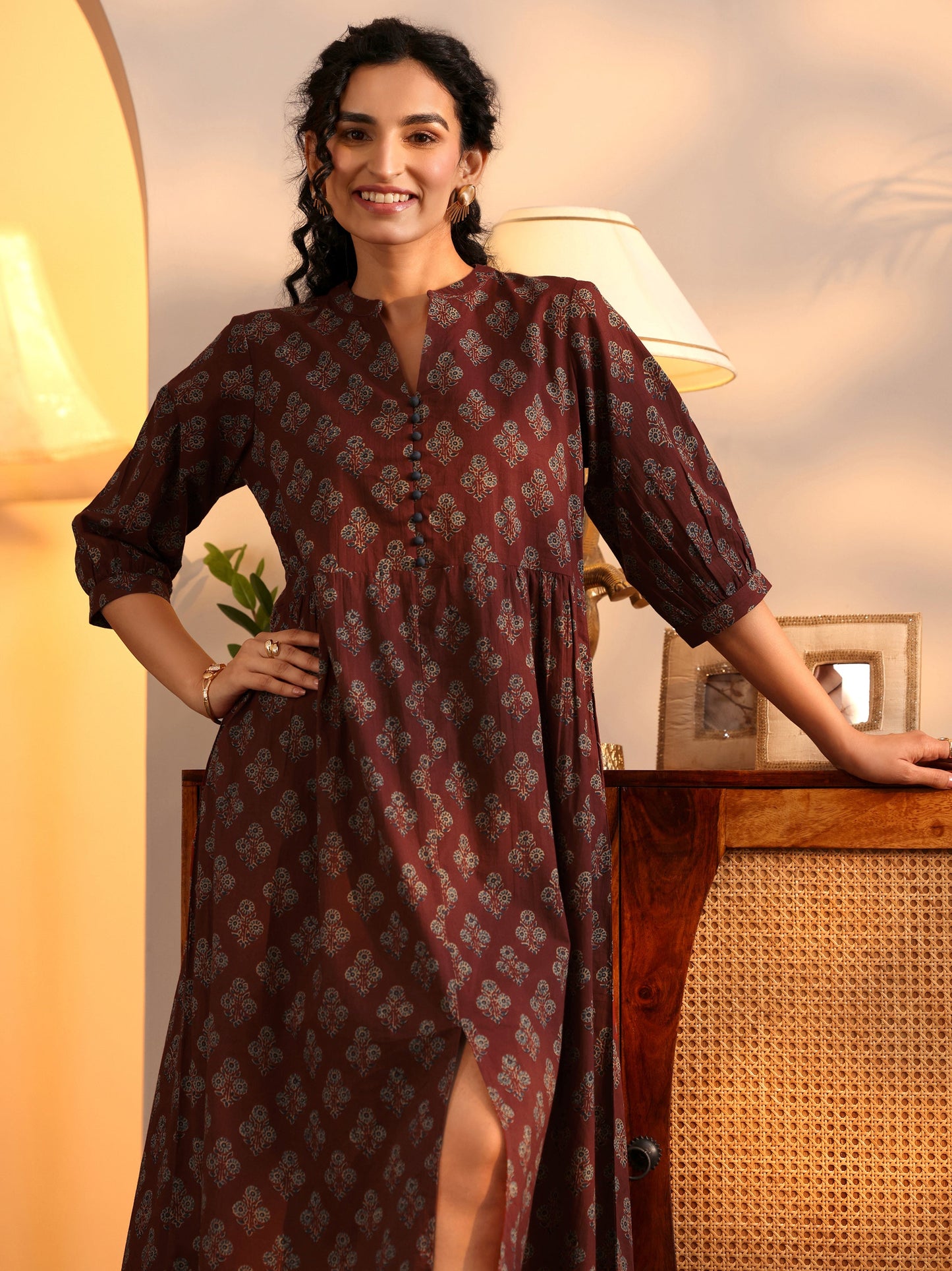 Rust Printed Cotton A-Line One Piece Dress by My Store