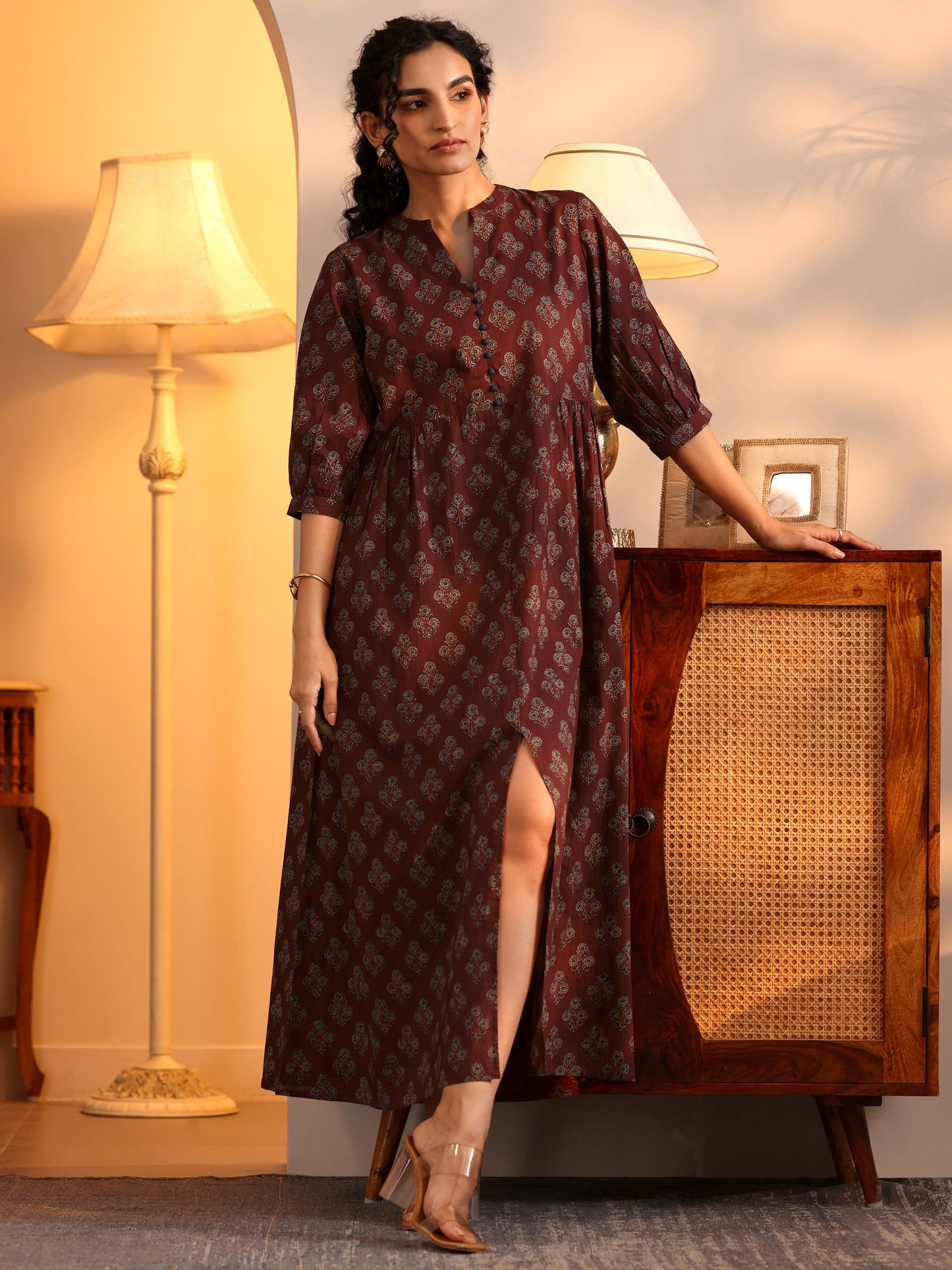 Rust Printed Cotton A-Line One Piece Dress by My Store