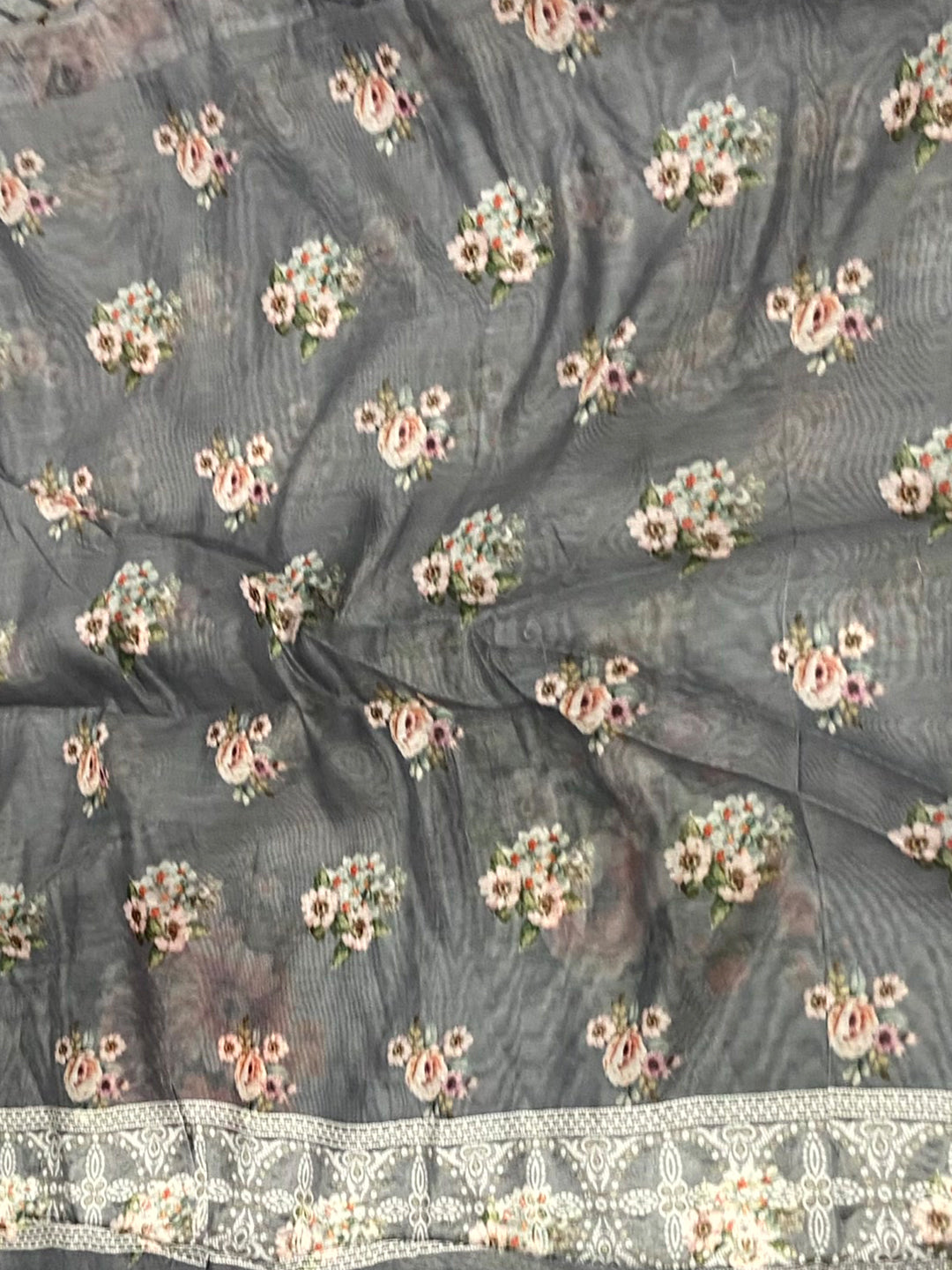 Grey Lakhnavi Linen Digital Print Saree by My Store