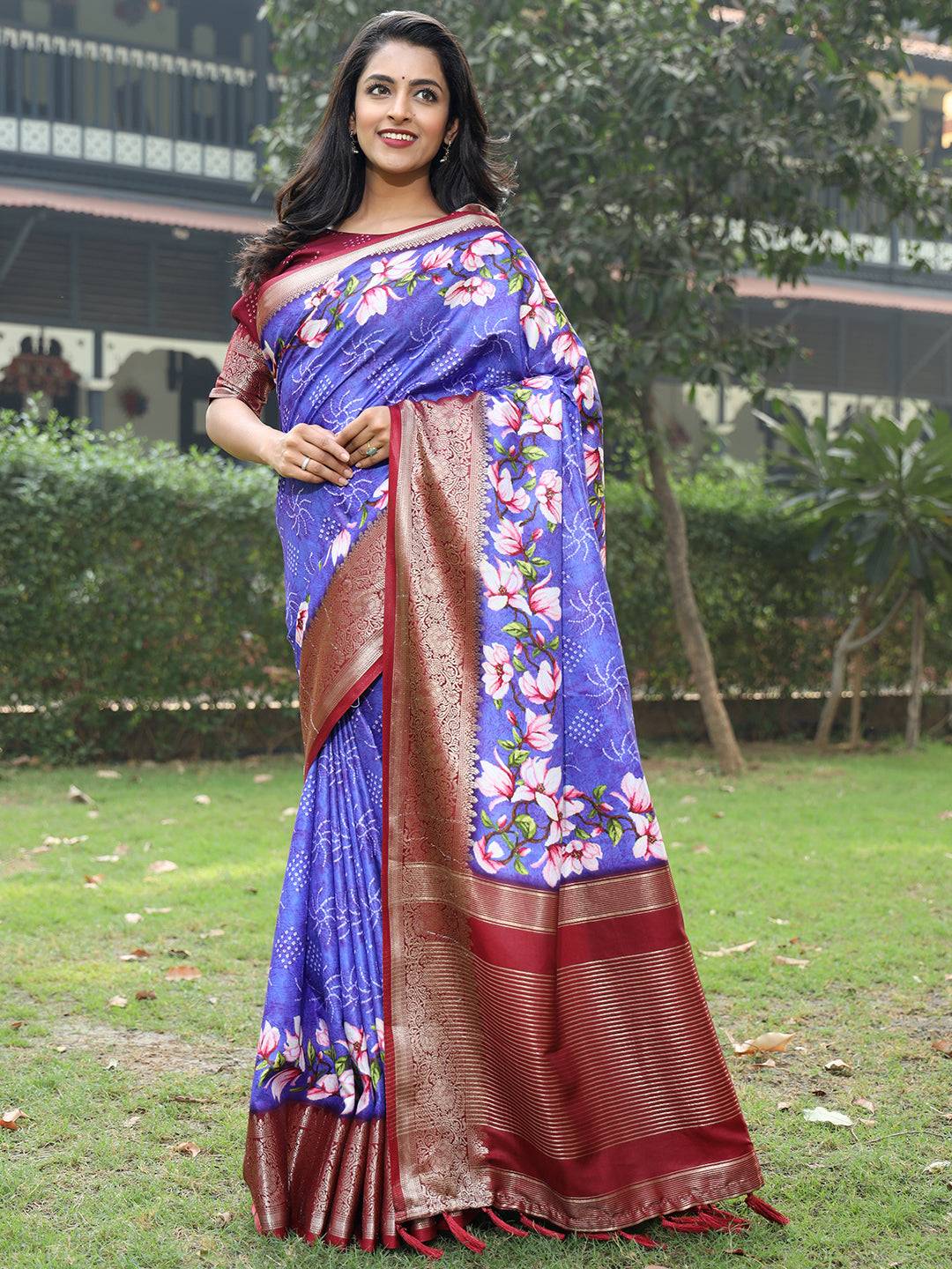 Purple Colour Pure Viscose Dola Silk Saree With Floral Print Border - Luxe by My Store