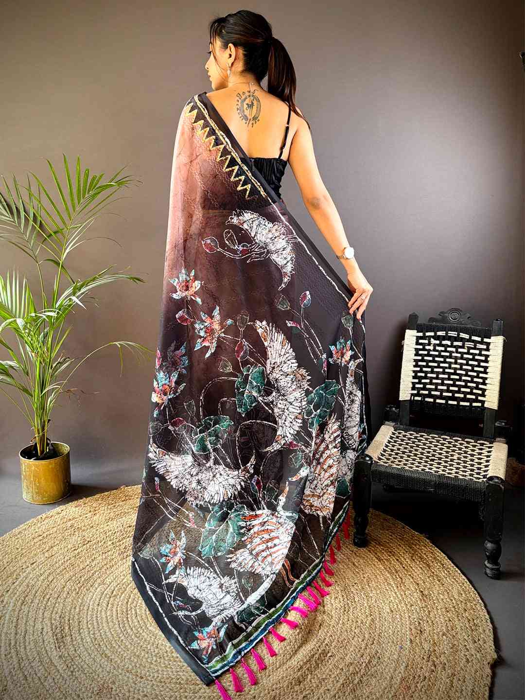 Pink Georgette Batik Printed Saree by My Store