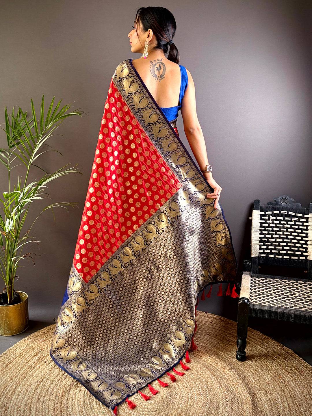Red Banarasi Silk Saree With Pattu Zari Border by My Store