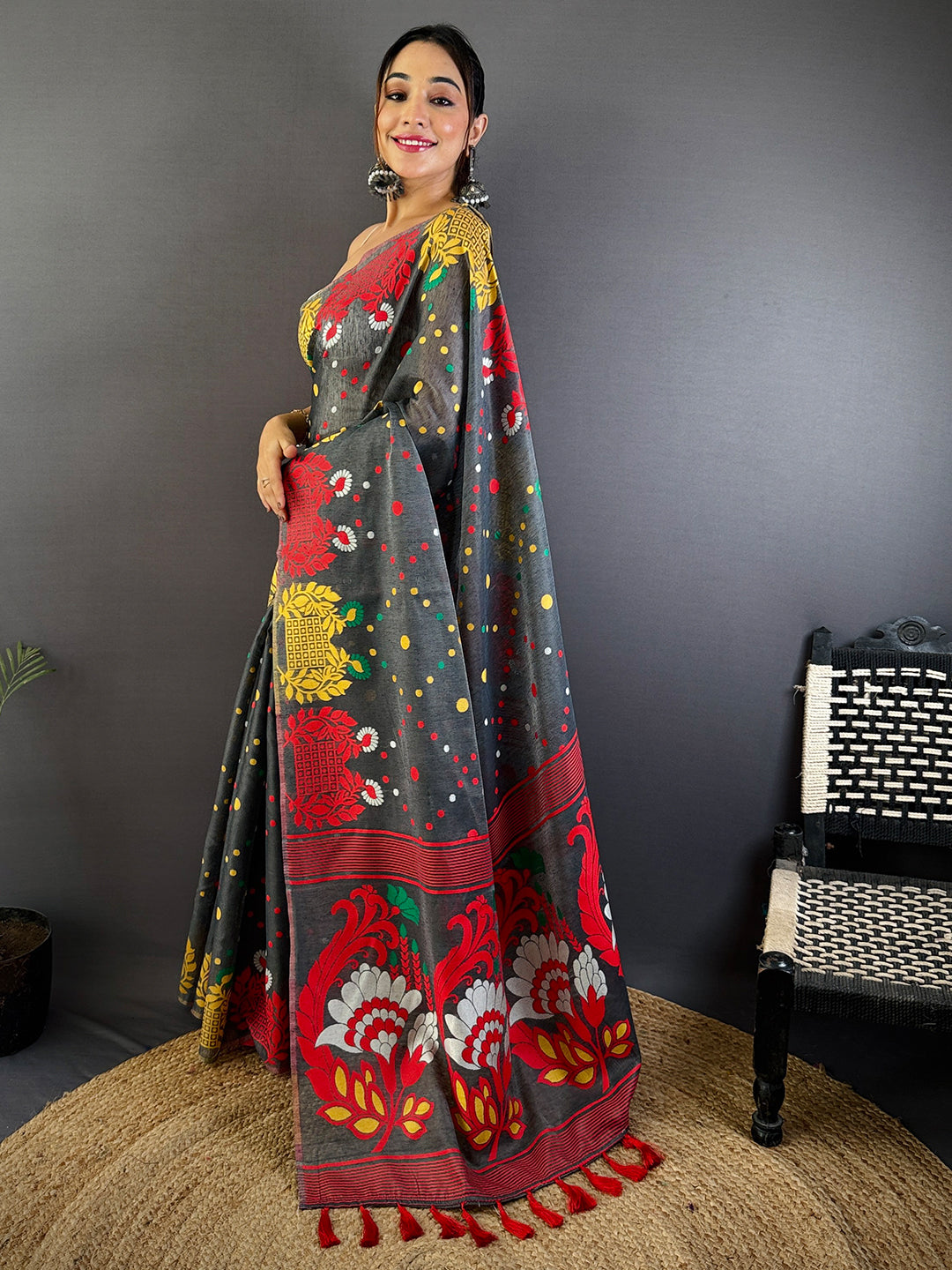 Grey Dhakai Jamdani Cotton Silk Saree by My Store
