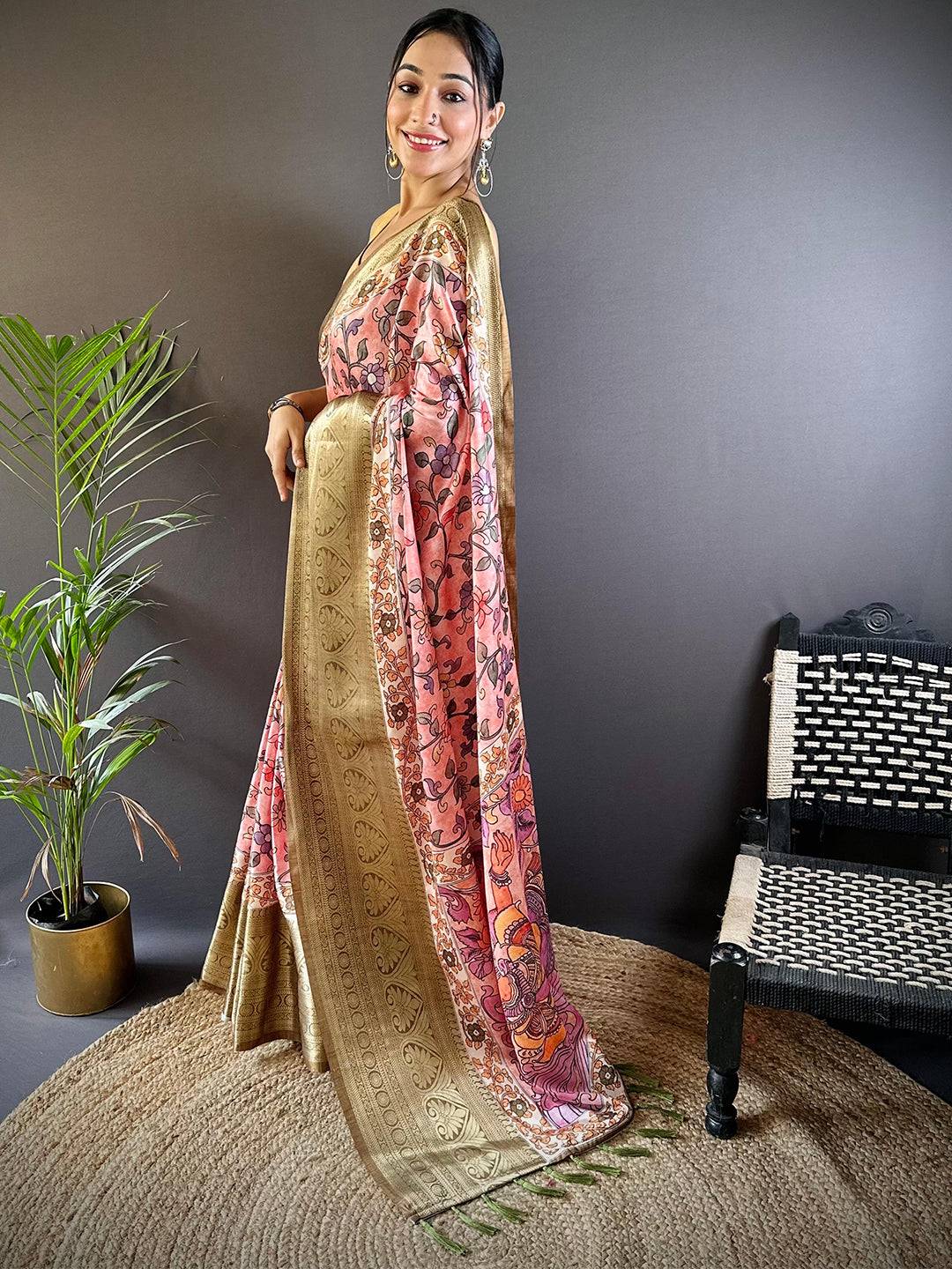 Peach Floral Kalamkari Print Saree by My Store